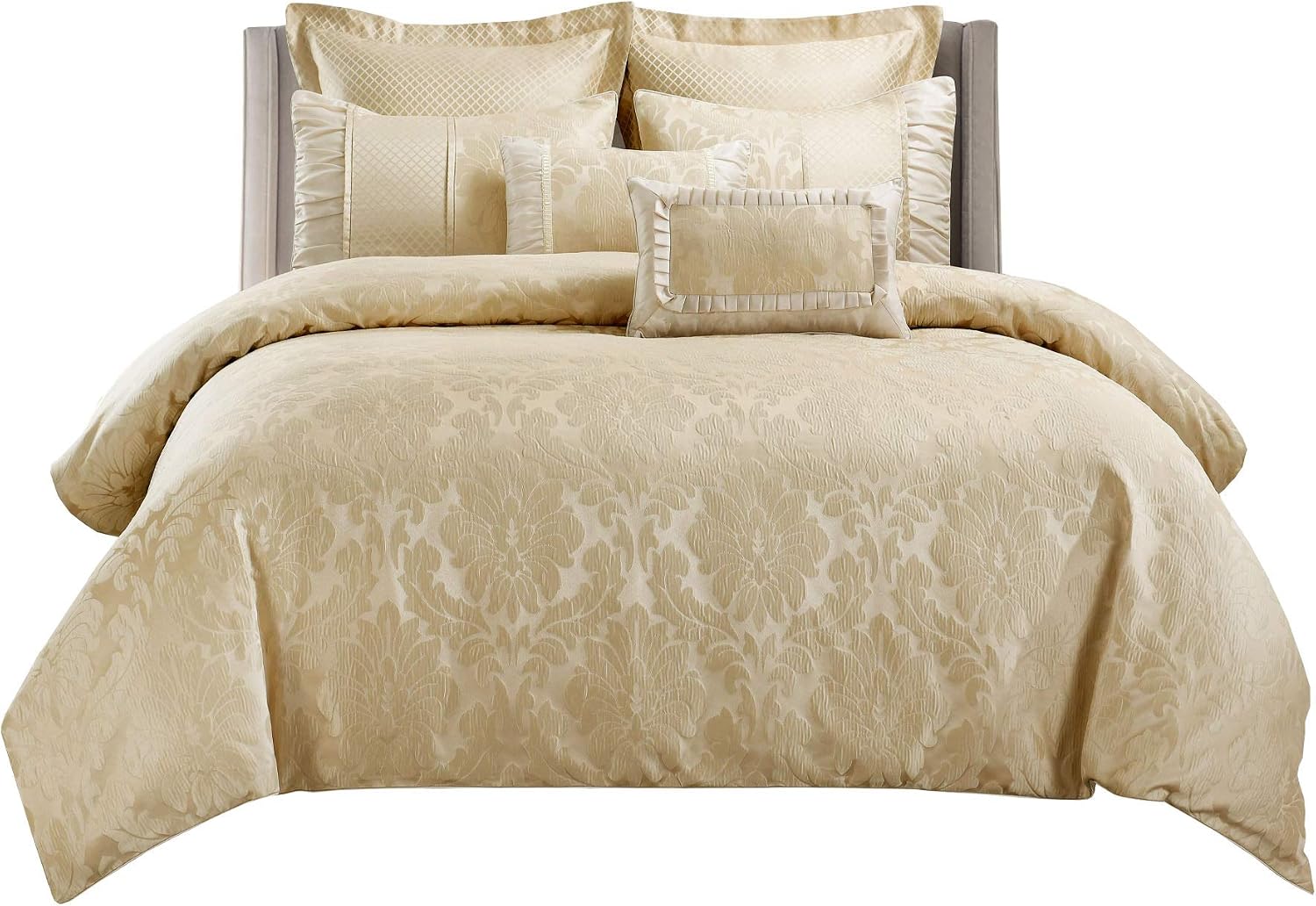sheetsnthings Jacquard Full Size Comforter Set- 12PC Bed in a Bag Includes Sara (Beige) Duvet Cover Set, Down Alternative Comforter, Bed Sheets