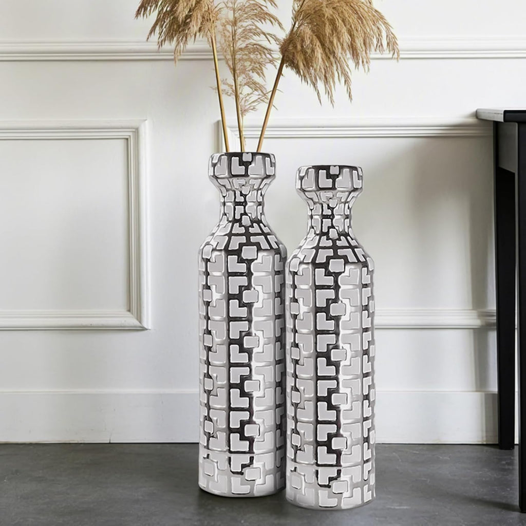 24.4 inch Tall Floor Vases Set of 2. White Vase with Silver Geometric Patterns, Ceramics Modern Flower Vases for Living Room, Entryway, Indoor/Outdoor Decor, Large Vase for Home Decor