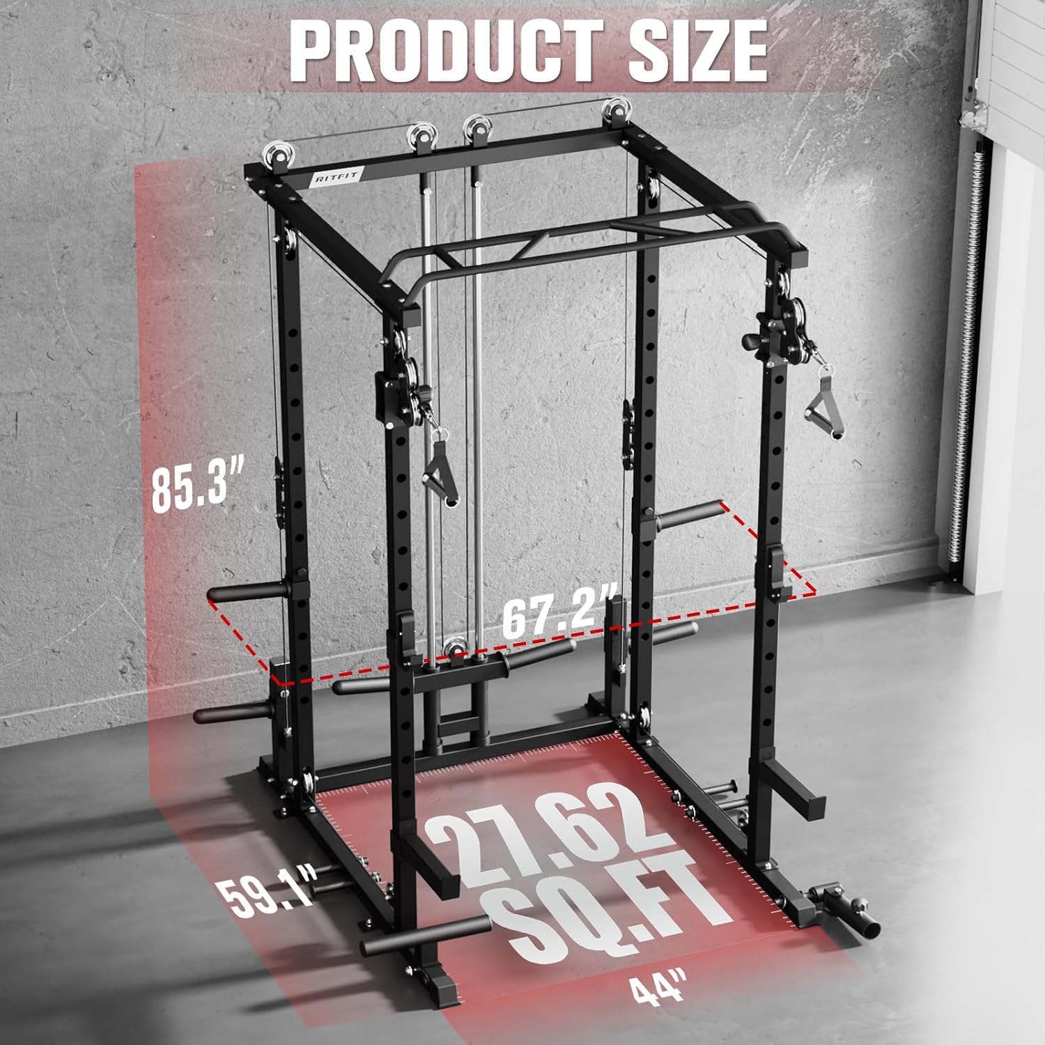RitFit Multi-Function Garage & Home Gym Package Includes 1200LBS Power Cage PPC03/P3 with Cable Crossover System, Weight Bench, Olympic Barbell Weight Set, Full Body Workout