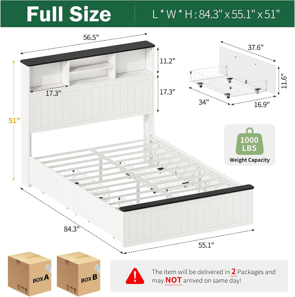Yoobure Full Size Bed Frame with Headboard - Farmhouse Wood Bed Frames with 4 Storage Drawers, Platform Beds with Charging Station & LED Light, No Noise Double Bedframe, No Box Spring Needed, White