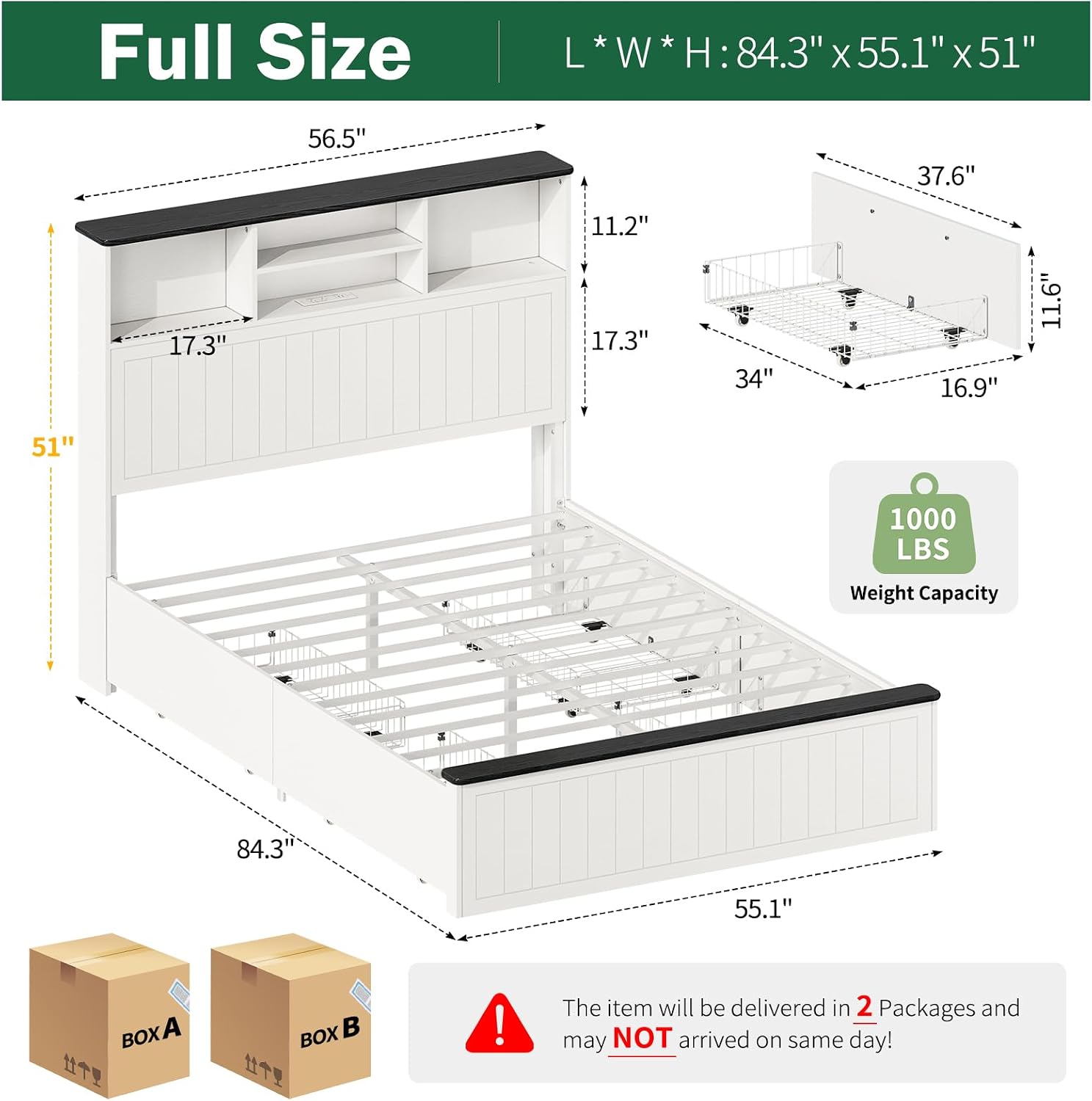 Yoobure Full Size Bed Frame with Headboard - Farmhouse Wood Bed Frames with 4 Storage Drawers, Platform Beds with Charging Station & LED Light, No Noise Double Bedframe, No Box Spring Needed, White
