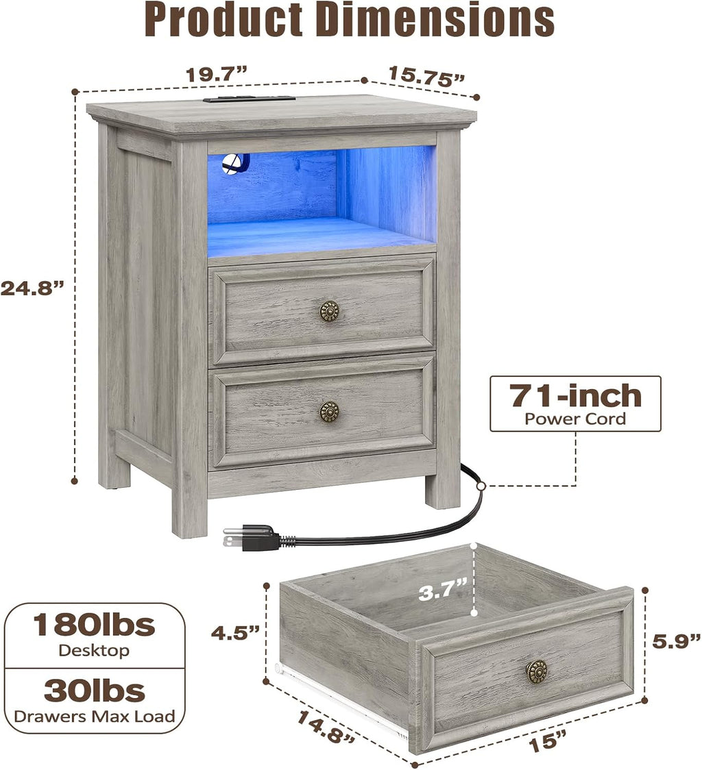 Set of 2 Nightstand with Charger Station Strip Lights,20' W Night Stand with Drawers for Bedroom, Large Accent Bed Side Table and End Table with Open Compartment-Easy Pull Handle, Textured Border,Gray