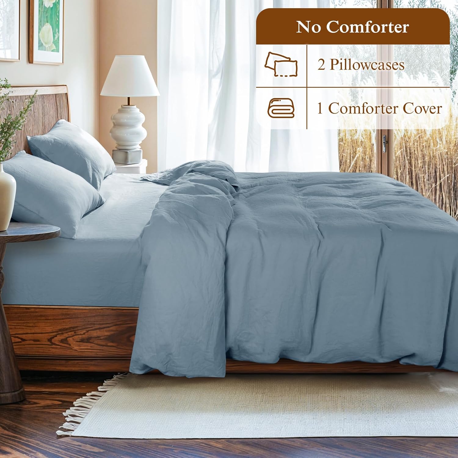 LBRO2M 100% France Linen Duvet Cover Set 3 Pcs Natural Flax Duvet Cover Set 2 Pillowcase 1 Duvet Cover with Zipper (Dusty Blue California King)