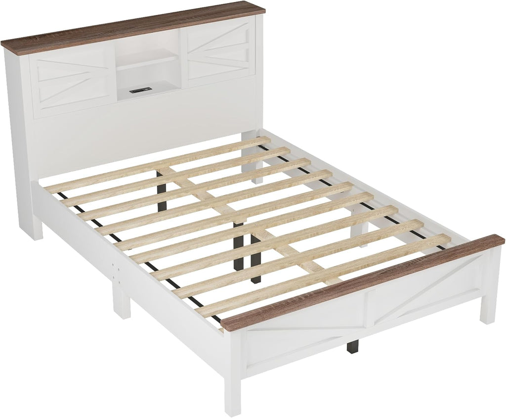 SOFTSEA 3 Piece Farmhouse Bedroom Set, Queen Size Platform Bed with Storage Headboard and Charging Station, Dresser and Storage Nightstand, Wood Bed Frame Set, White+Brown