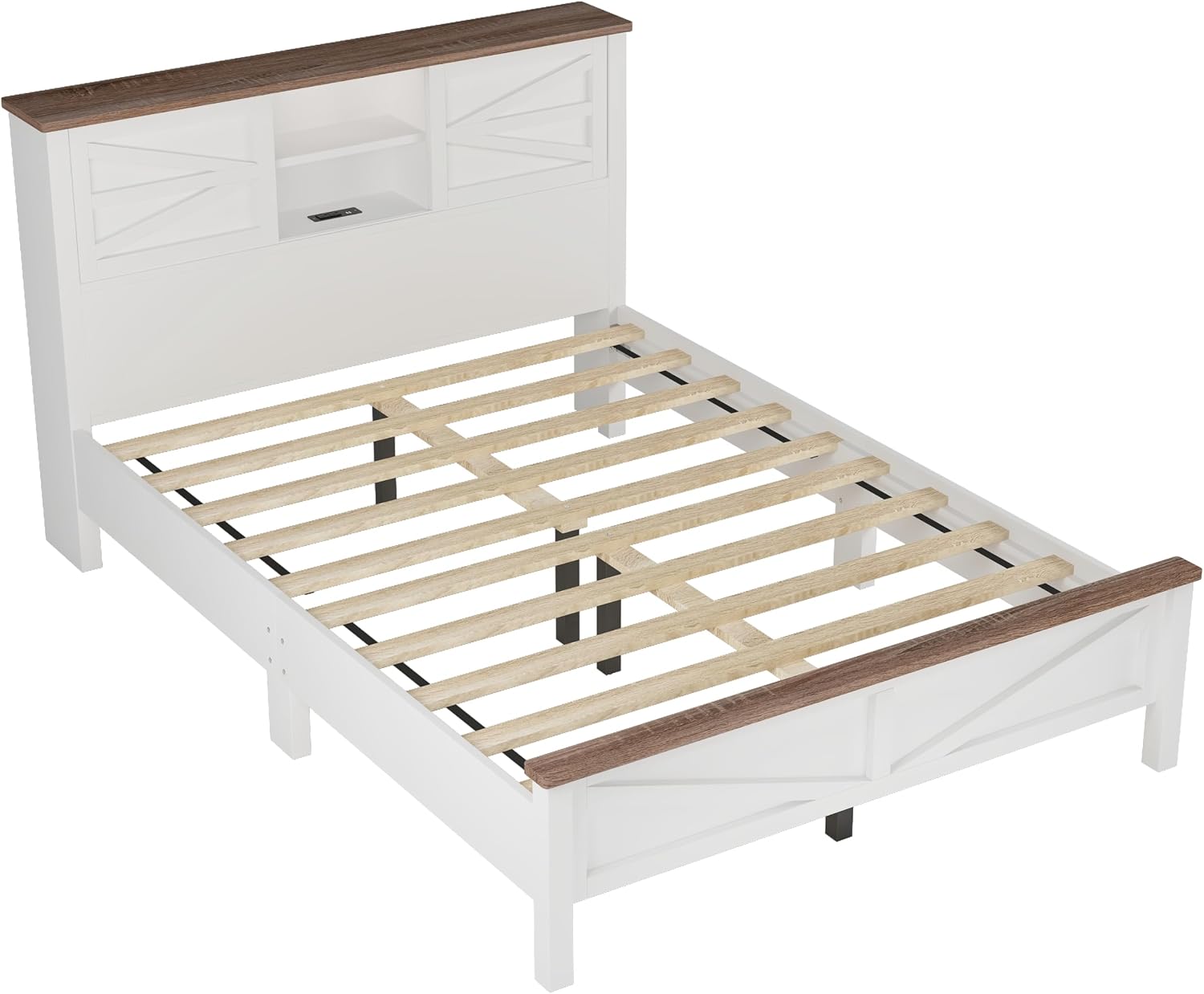SOFTSEA 3 Piece Farmhouse Bedroom Set, Queen Size Platform Bed with Storage Headboard and Charging Station, Dresser and Storage Nightstand, Wood Bed Frame Set, White+Brown