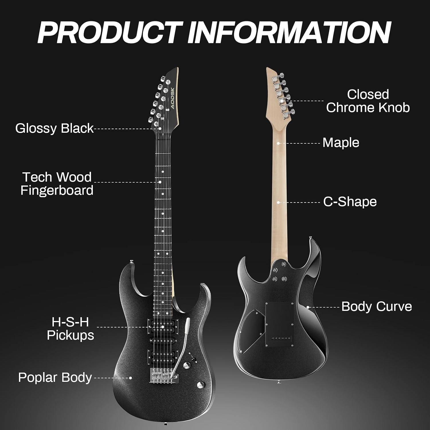 AODSK Electric Guitar,39'' Beginner Electric Guitar Kit,Full Size Electric Guitar Starter Kit with Amp, Case and Accessories Pack Beginner Starter Package-Black, AX70A-BK