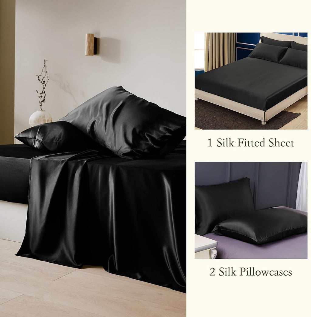 LILYSILK 3Pcs Silk Fitted Sheets Set 100% Mulberry Silk 6A Grade, 2 Silk Pillowcases and 1 Silk Fitted Sheet, 16 Inch Deep Pocket, 19 Momme Silk Bed Sheets Oeko-Certified Black, King Size