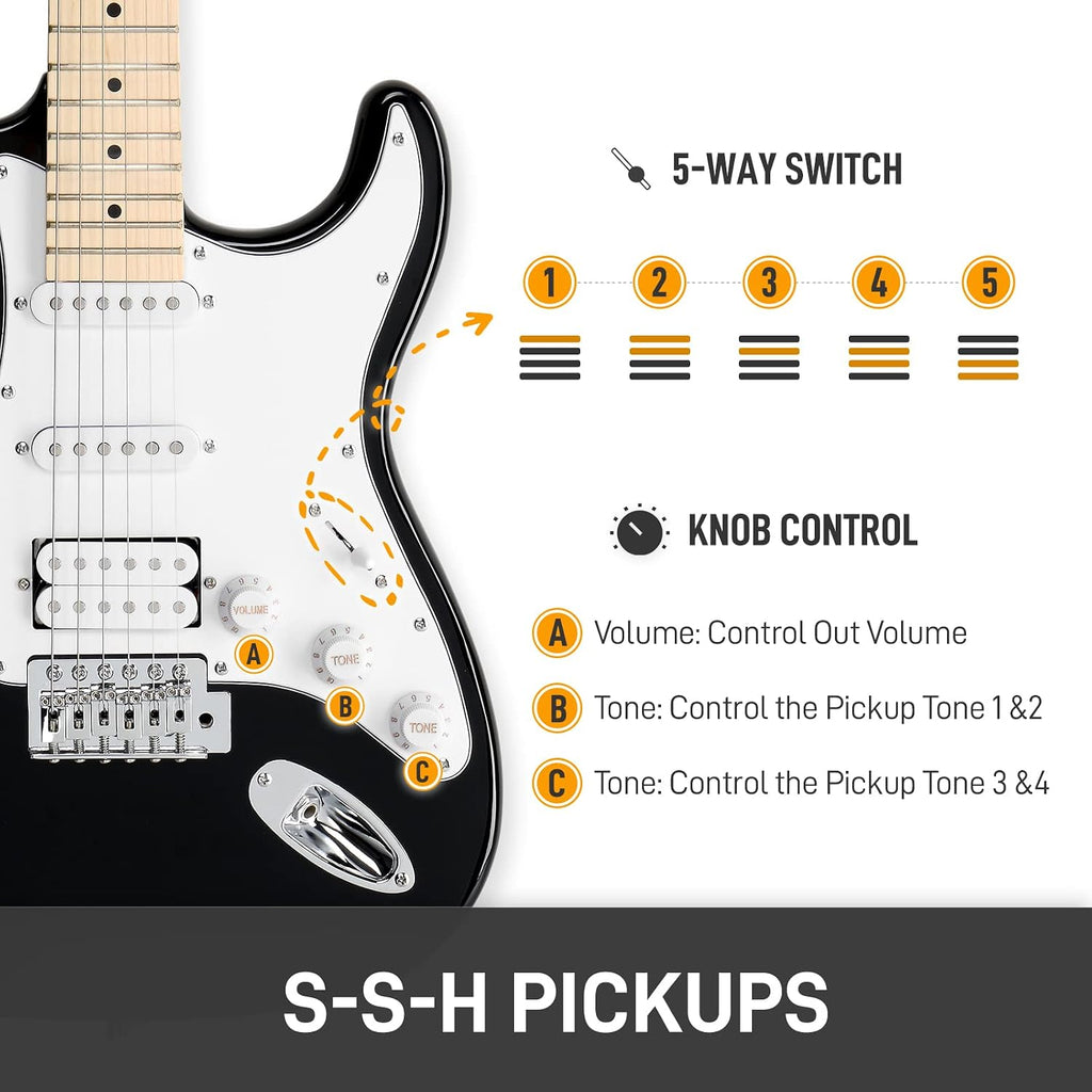Ktaxon 39 Inch Electric Guitar Kit for Beginner, HSS Pickups 6 String Solid-Body Full Size Adults Electric Guitars W/Amplifier, Bag, Strap, Cable, Accessories - Black