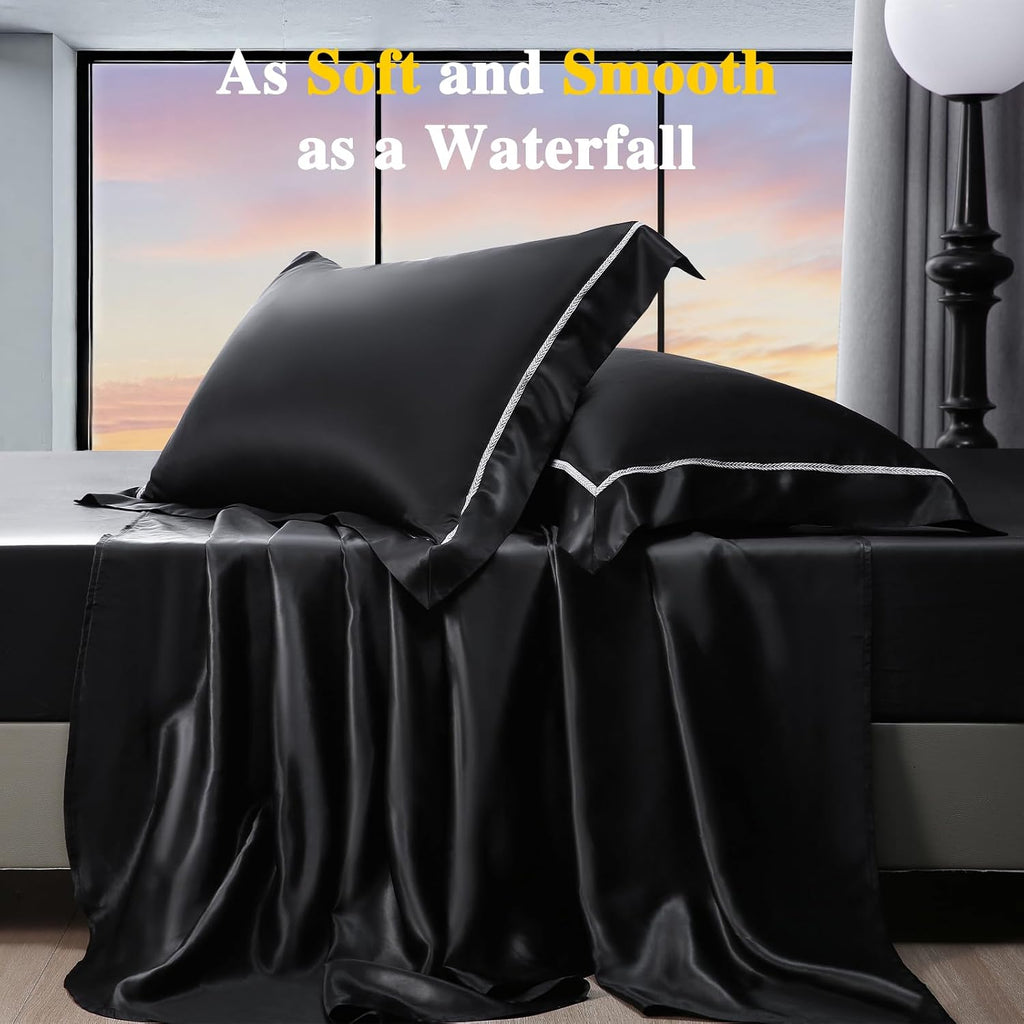 YOUR MOON 100% Mulberry Silk Sheets Set King Size 4 Pcs, 25 Momme Mulberry Silk Bed Sheets, Ultra Soft Luxury Bedding Sets, 1 Fitted Sheet, 1 Flat Sheet, 2 Pillow Shams (Black)