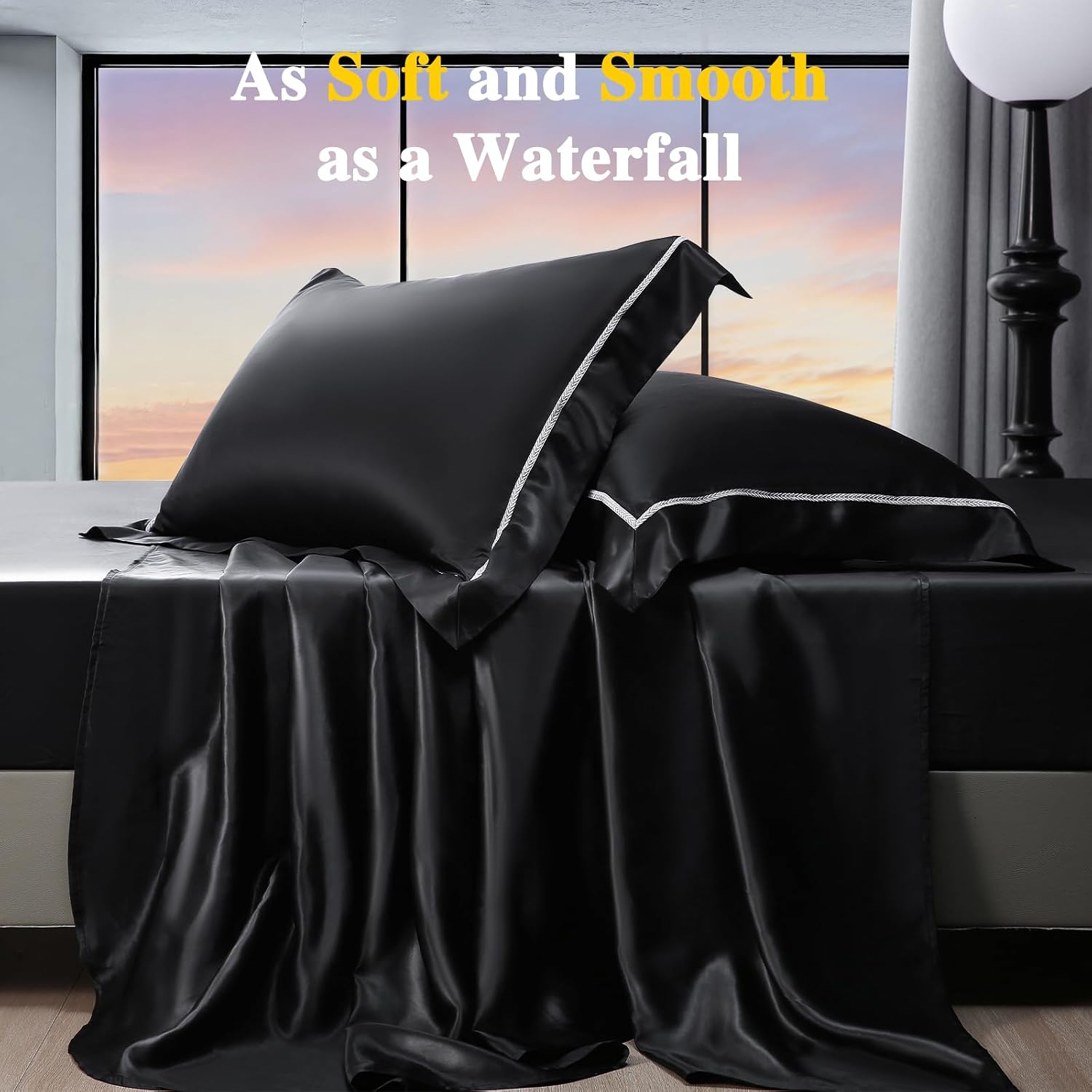 YOUR MOON 100% Mulberry Silk Sheets Set King Size 4 Pcs, 25 Momme Mulberry Silk Bed Sheets, Ultra Soft Luxury Bedding Sets, 1 Fitted Sheet, 1 Flat Sheet, 2 Pillow Shams (Black)