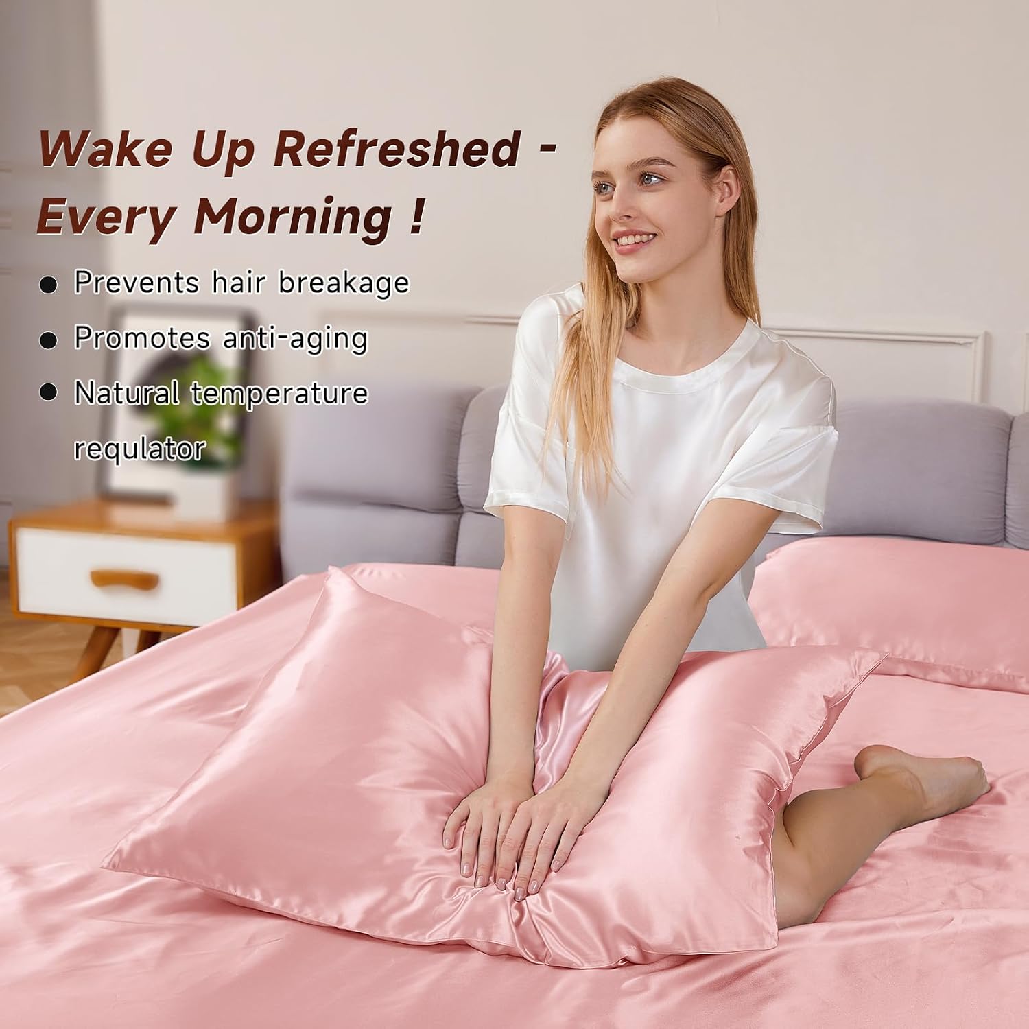 22 Momme 100% Mulberry Silk Bedding Set - 4-Piece Luxury Queen Size (2 Pillowcases, 1 Fitted Sheet, 1 Flat Sheet) - Fits 14-16' Deep Pocket (Solid, Light Pink)
