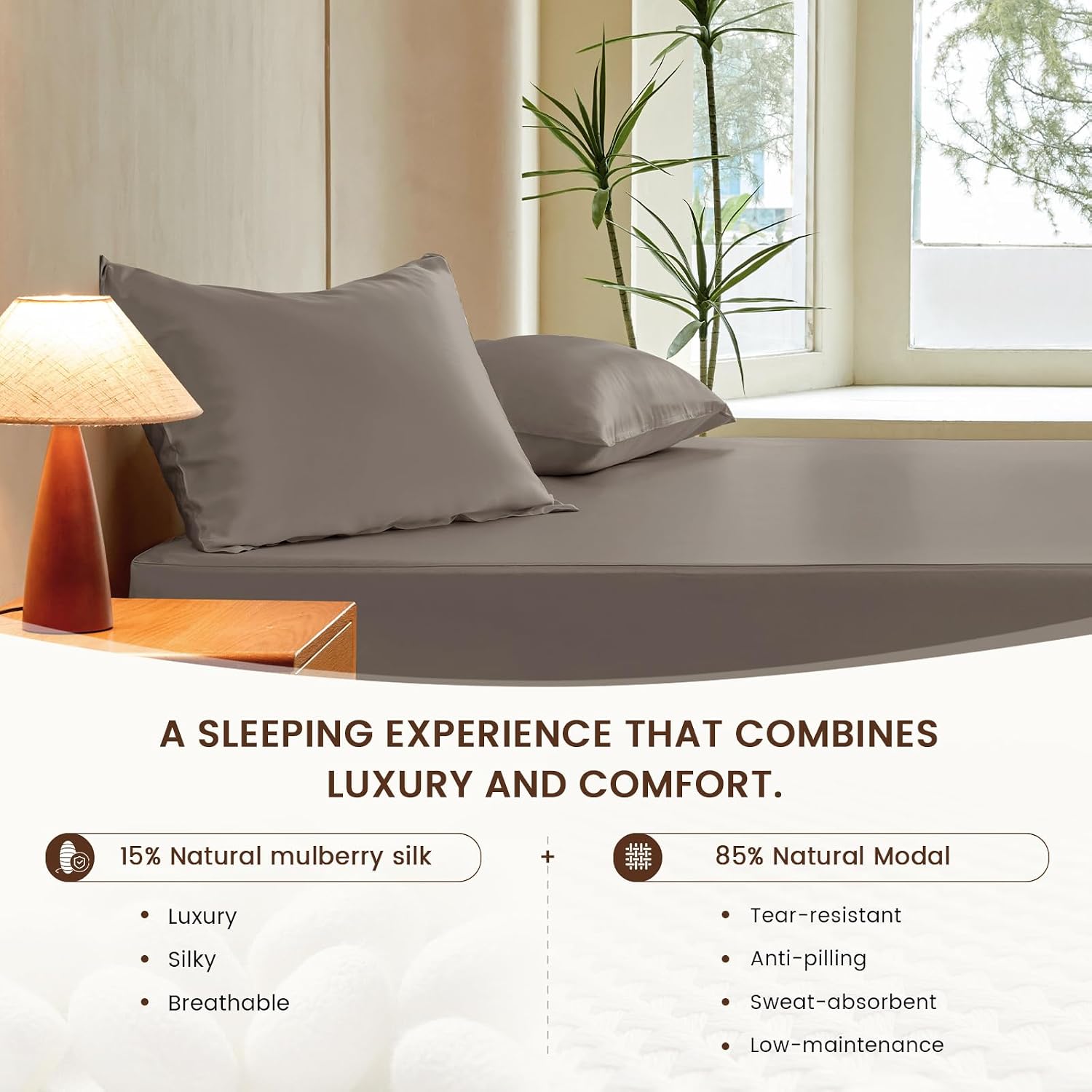 THXSILK Luxury Mulberry Silk Fitted Sheet Set 3 Pcs, King Silk Bed Sheet Set with 16' Deep Pockets, Soft & Cooling Sheets, 1 Fitted Sheet, 2 Pillowcases with Zipper Closure - Charcoal