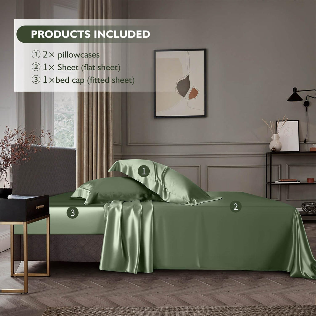 DISANGNI 22 Momme 100% Mulberry Silk Bedding Set - 4-Piece Luxury (2 Pillowcases, 1 Fitted Sheet, 1 Flat Sheet) - 6A Grade Natural Silk (Green, Twin)