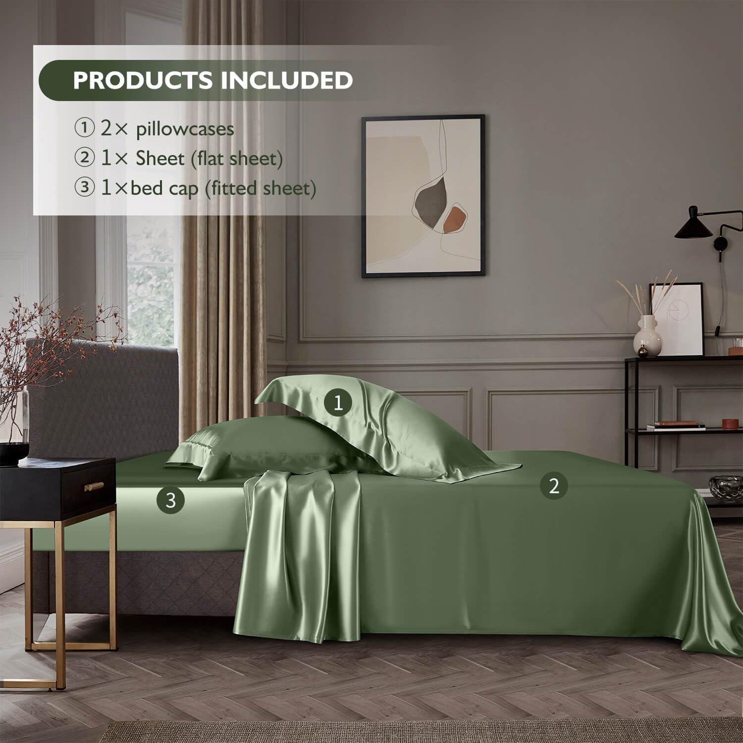 DISANGNI 22 Momme 100% Mulberry Silk Bedding Set - 4-Piece Luxury (2 Pillowcases, 1 Fitted Sheet, 1 Flat Sheet) - 6A Grade Natural Silk (Green, Twin)
