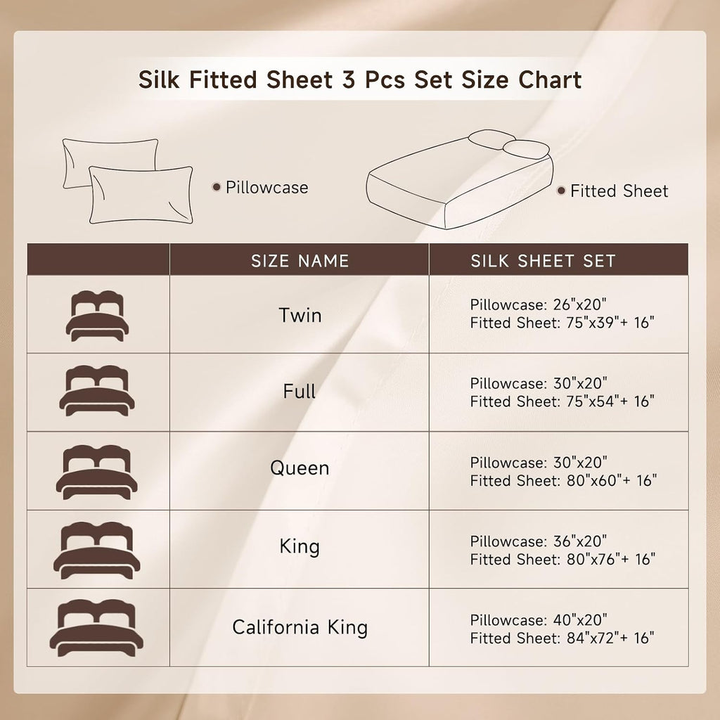 THXSILK 6A+ Top Grade 100% Pure Mulberry Silk King Fitted Sheet 3Pcs Set Bed Sheets Luxury Bedding for Hair and Skin Breathable Cooling Safe Material, 1 Fitted Sheet with 2 Pillowcases, Champagne
