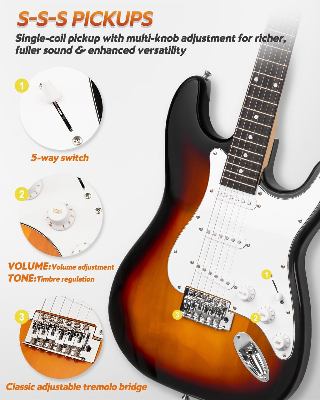 STRICH Electric Guitar Beginner Kit, Solid Body 39' Full Size Electric Guitar SSS Pick Up for Starter, with 5W x 2 Amp, Bag, Digital Tuner, Capo, Strap, String,Cable, Picks, SST-S10 Sunburst