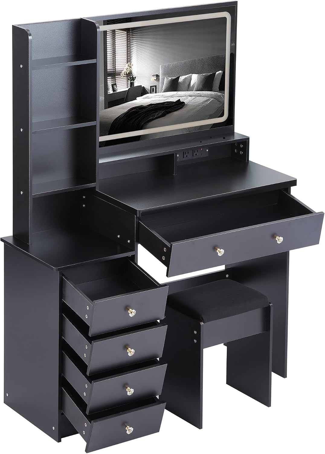 41' Queen Size Left Nightstand Dresser Set with Upholstered Stool, 2 AC Outlets + 2 USB Ports, Oversized Touch LED Mirror, 3 Colour Dimmer Switch (Black + MDF + American Design)
