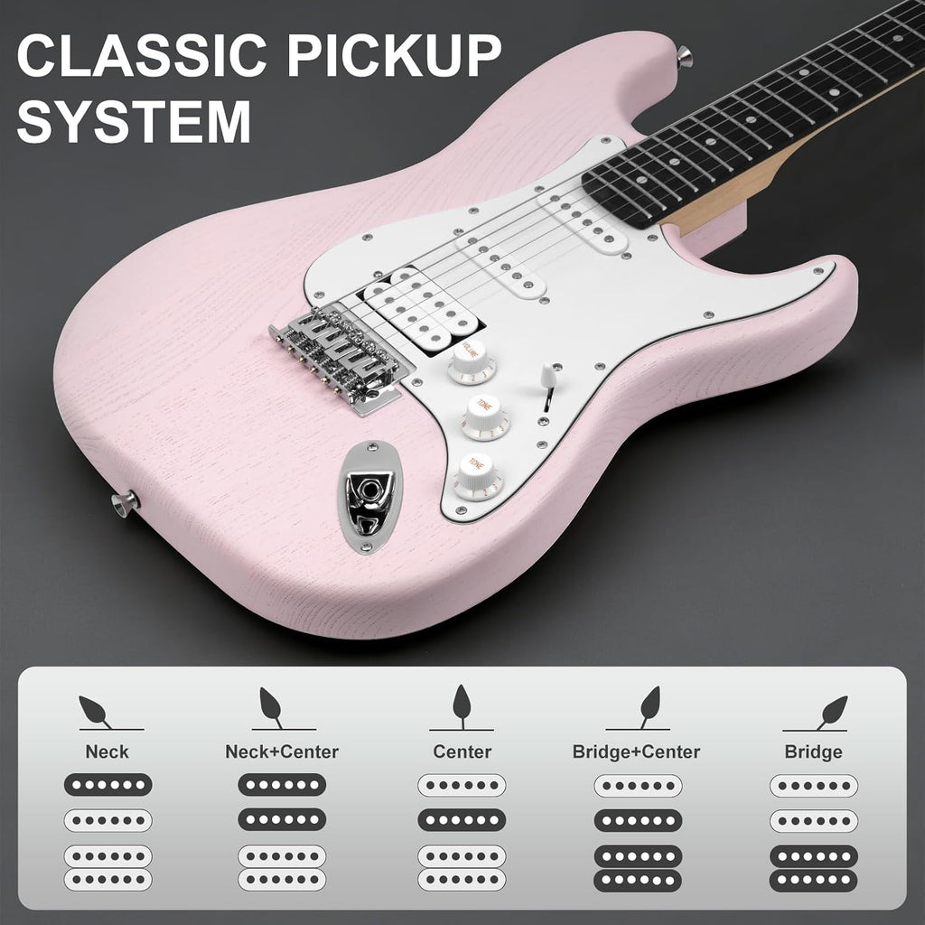 Mosen 39 Inch Electric Guitar with HSS Pickups & Single-Coil Tremolo System - with 5W Amp, Techwood Fingerboard, C-Shaped Satin Neck, All Accessories Included Gig Bag, Tuner, String, Capo, Strap