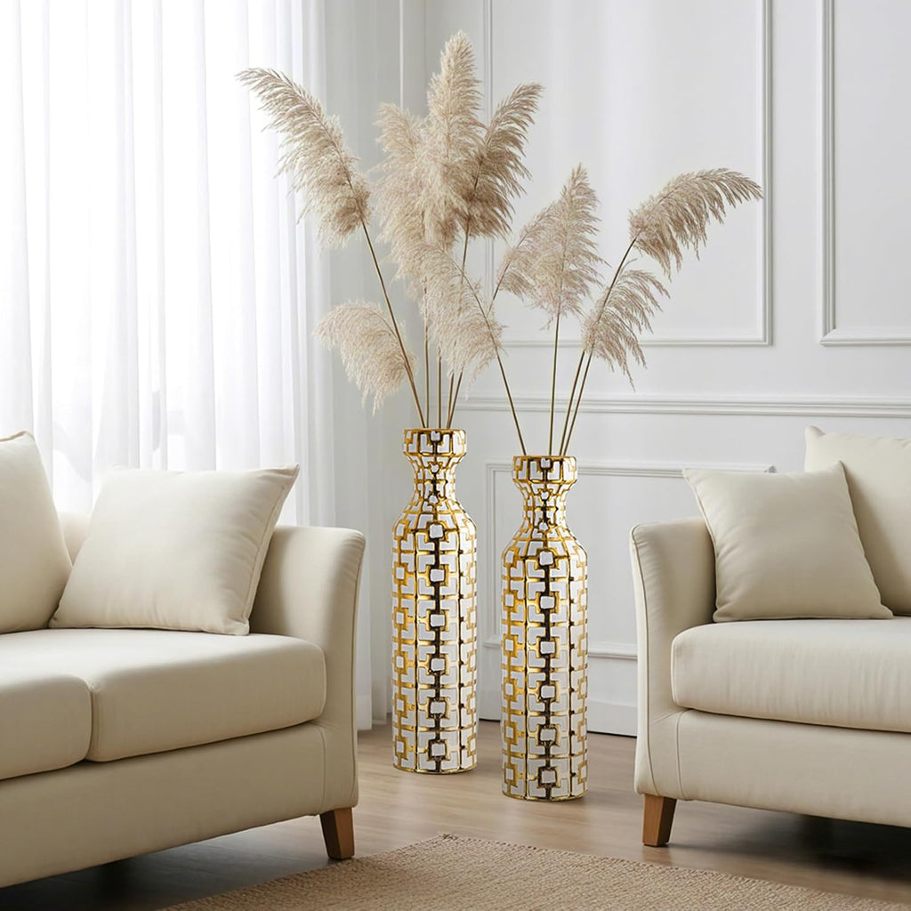 Pair of 24.4' Tall Ceramic Cylinder Vases with Geometric Gold Accents, Large Flower Vase, Decorative Vase - Modern White & Gold Floor Vases for Living Room, Entryway Decor (Set of 2)