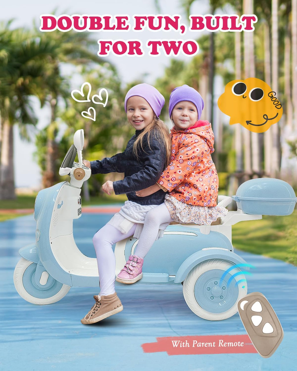 12V 2 Seater Ride on Motorcycle for Kids, Electric Moped Scooter w/Remote Control, Storage Box, Music, LED Light, Horn, 2x50W Motor, Toddler Ride on Toys for Girls Boys, Blue