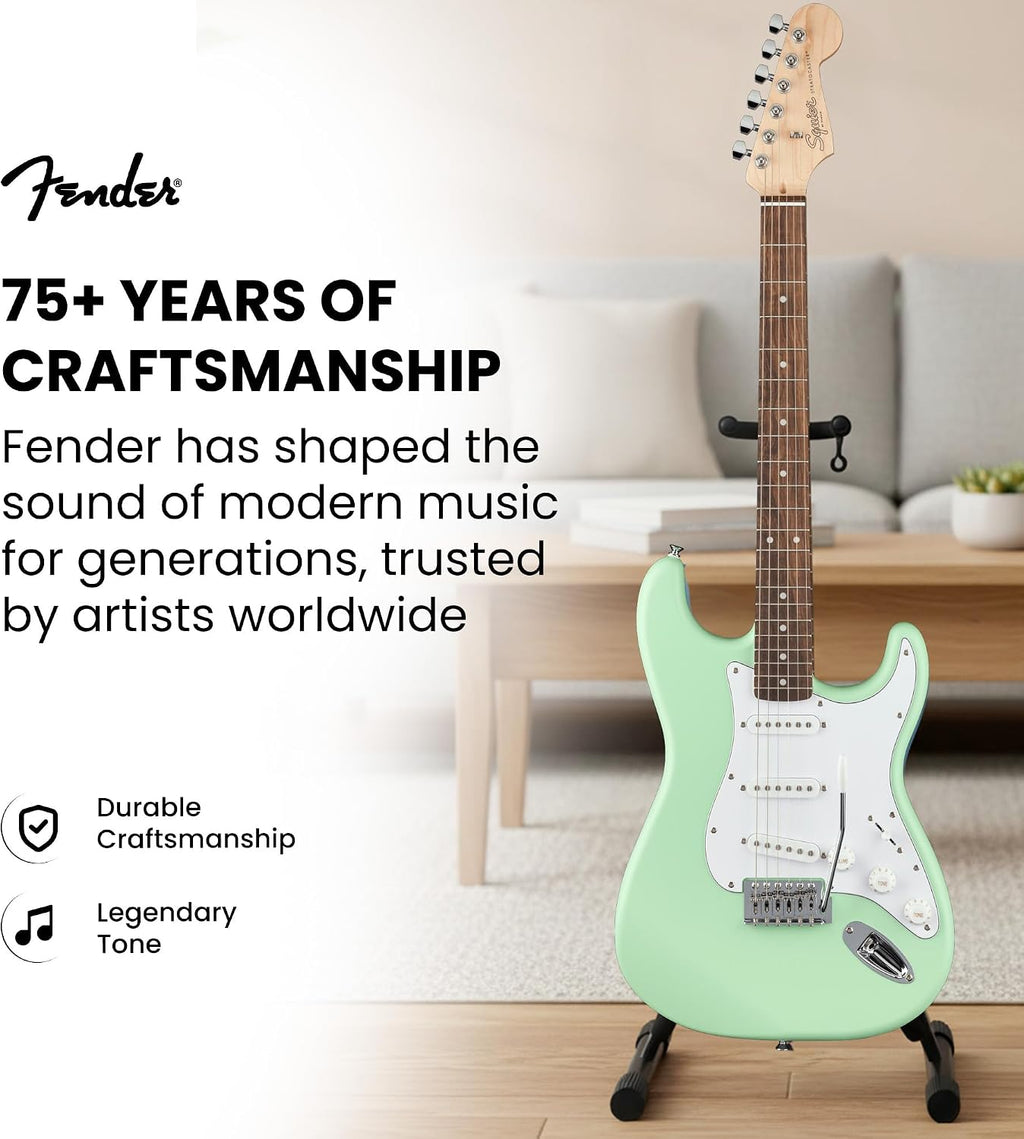Fender Squier Stratocaster Electric Guitar - Surf Green Bundle with Amplifier, Gig Bag, Cable, Strap, Picks, and Austin Bazaar Instructional Video