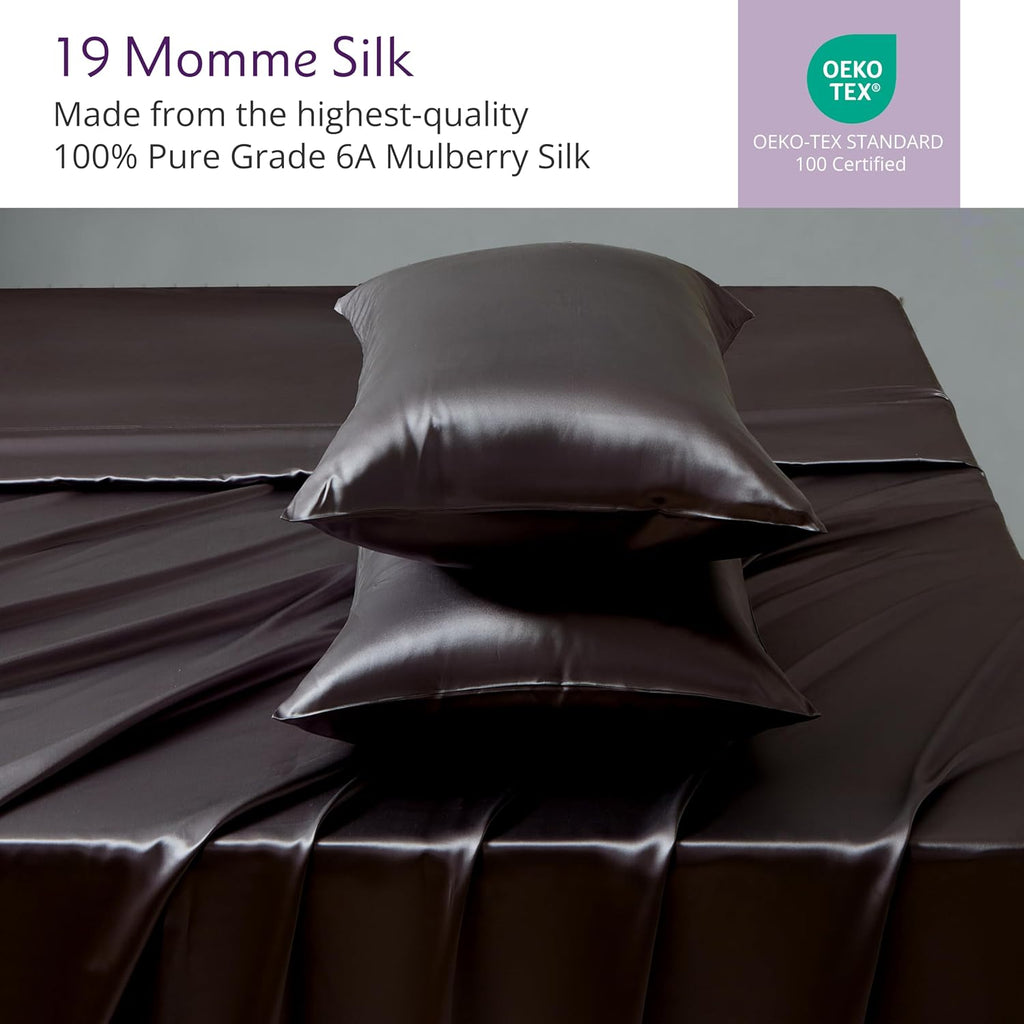 Mulberry Park 100% Pure Mulberry Silk 4-Piece Sheet Set - 19 Momme, Grade 6A - Oeko-TEX Certified - Black, King