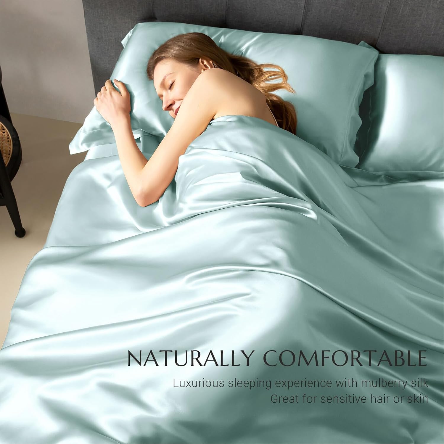 THXSILK 100% Mulberry Silk Duvet Cover, 7A+ Silk Comforter Cover, Seamless Breathable Comforter Quilt Cover with Zipper Closure - Seamless, Ultra Soft, Durable, Full Size, Light Blue