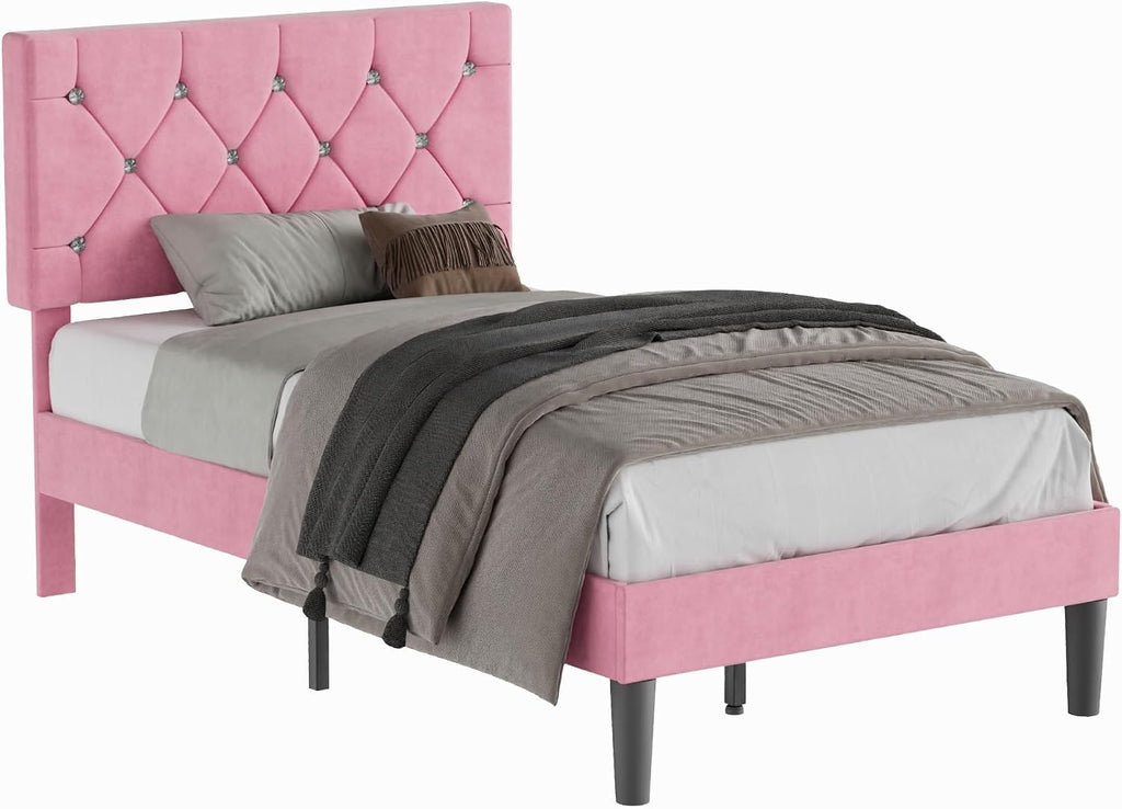 VECELO Twin Size Bed Frame with Diamond Tufted Headboard, Upholstered Platform Bedframe with Wood Slat Support, No Box Spring Needed, Mauve Pink