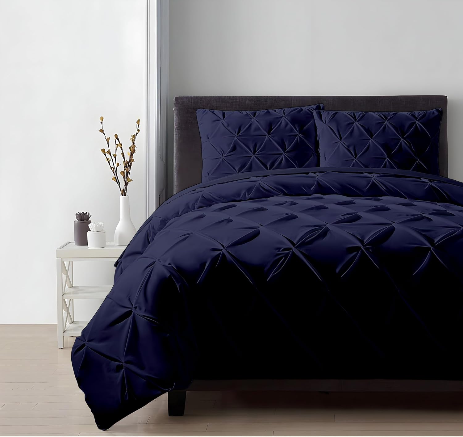 Luxury Navy Blue Pinch Pleated Pintuck Duvet Cover Set Oversized King Plus 120'x128' Size Egyptian Cotton Luxury Soft & Breathable Comforter Cover with Corner Ties & Zipper Closure