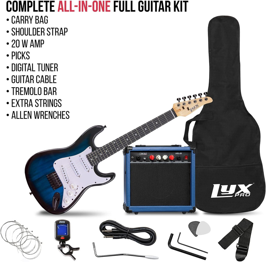 LyxPro 36 Inch Electric Guitar and Kit for Kids with 3/4 Size Beginner's Guitar, Amp, Six Strings, Two Picks, Shoulder Strap, Digital Clip On Tuner, Cable and Soft Case Gig Bag - Blue
