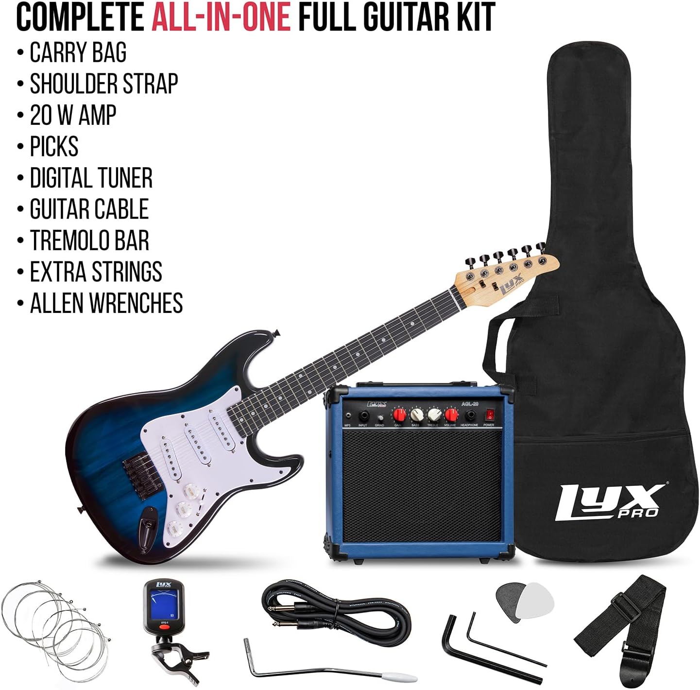 LyxPro 36 Inch Electric Guitar and Kit for Kids with 3/4 Size Beginner's Guitar, Amp, Six Strings, Two Picks, Shoulder Strap, Digital Clip On Tuner, Cable and Soft Case Gig Bag - Blue