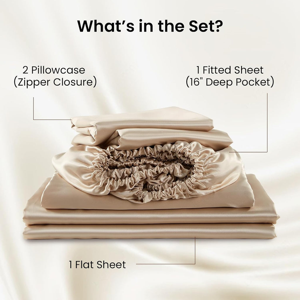 THXSILK Luxury Mulberry Silk Bed Sheets Set - 4pcs Silk Sheets Set 16' Deep Pocket - 1 Fitted Sheet, 1 Flat Sheet, 2 Pillowcases with Zipper Closure - Full, Champagne