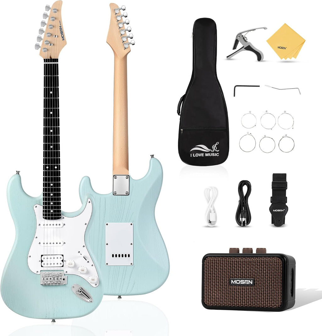 Mosen 39 Inch Electric Guitar with HSS Pickups & Single-Coil Tremolo System - with 5W Amp, Techwood Fingerboard, C-Shaped Satin Neck, All Accessories Included Gig Bag, Tuner, String, Capo, Strap