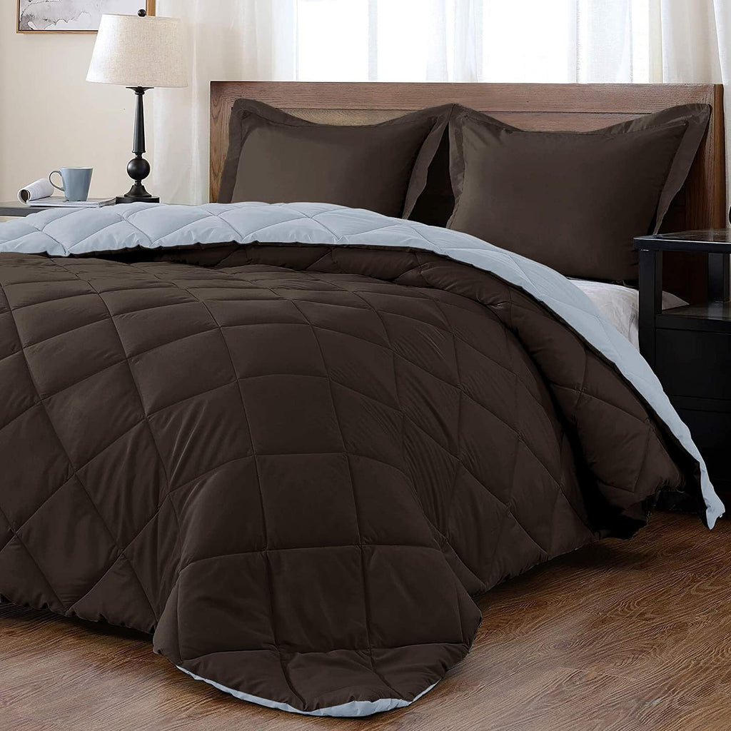 Designer Reversible Comforter California King (98 x 116) Inches Size Brown/Blue Down Alternative 100% Egyptian Cotton with 2 Pillow Cases, 3 PCS Set