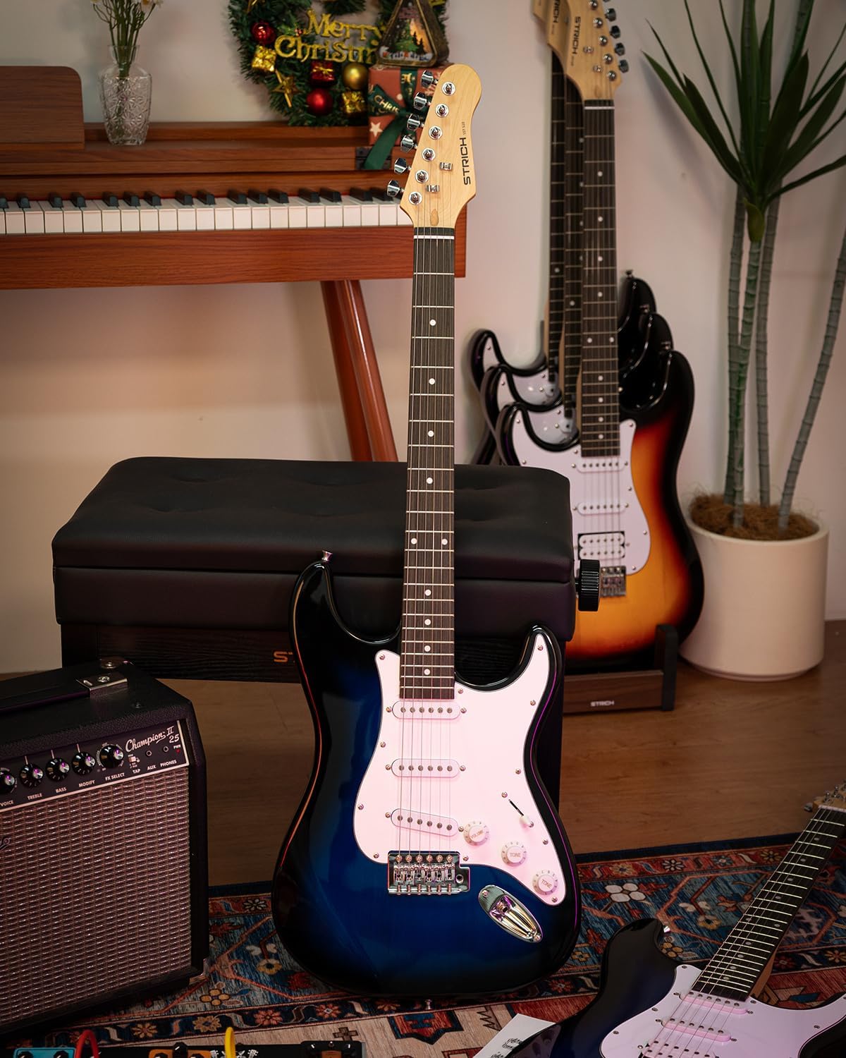 STRICH Electric Guitar Beginner Kit, Solid Body 39' Full Size Electric Guitar SSS Pick Up for Starter,with Bag, Digital Tuner, Capo, Strap, String, Cable, Picks, SST-S10 Midnight Blue Burst