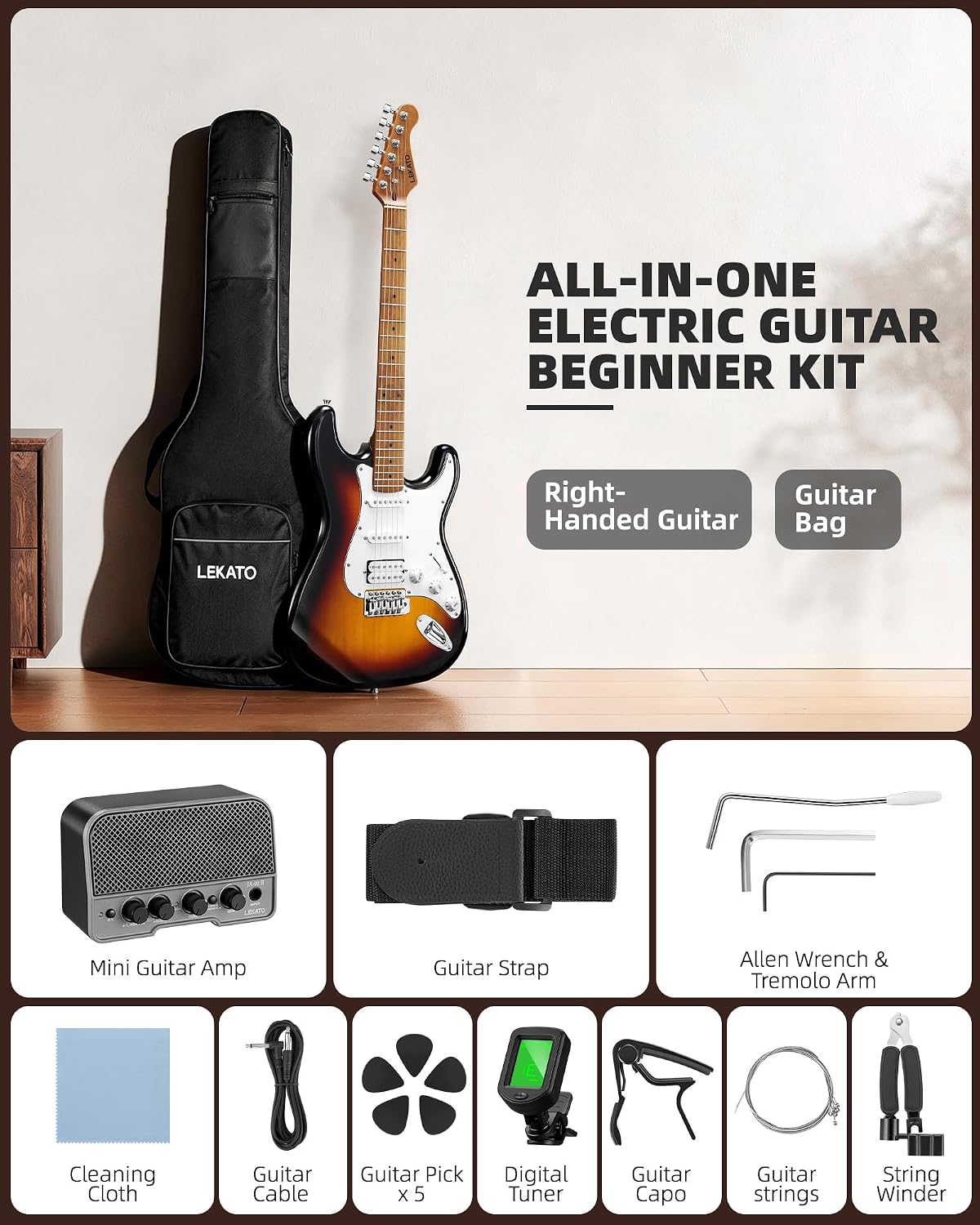 LEKATO Electric Guitar Kit Beginner 39 Inch Full Size Solid Body Guitar HSS for Starter Roasted Maple Neck Fretboard Stainless Steel Frets, 5W Mini Amp, Bag, Tuner, Capo, Strap, String, Picks-Sunburst