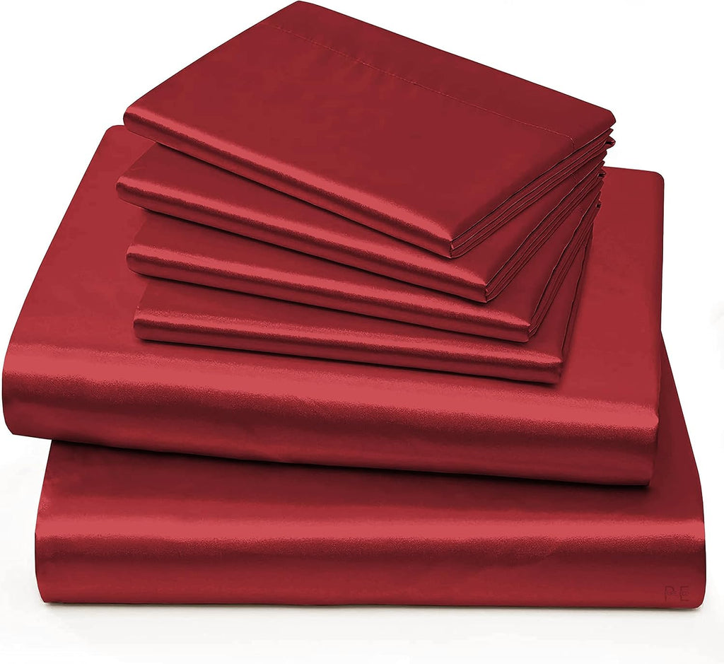 6 Piece Mulberry Silk Sheet Set Queen Size (60x80)+ Upto 16 Inch Deep Pocket Burgundy Color Smooth Soft and Silk Bed Sheets Queen Size Bedding Set