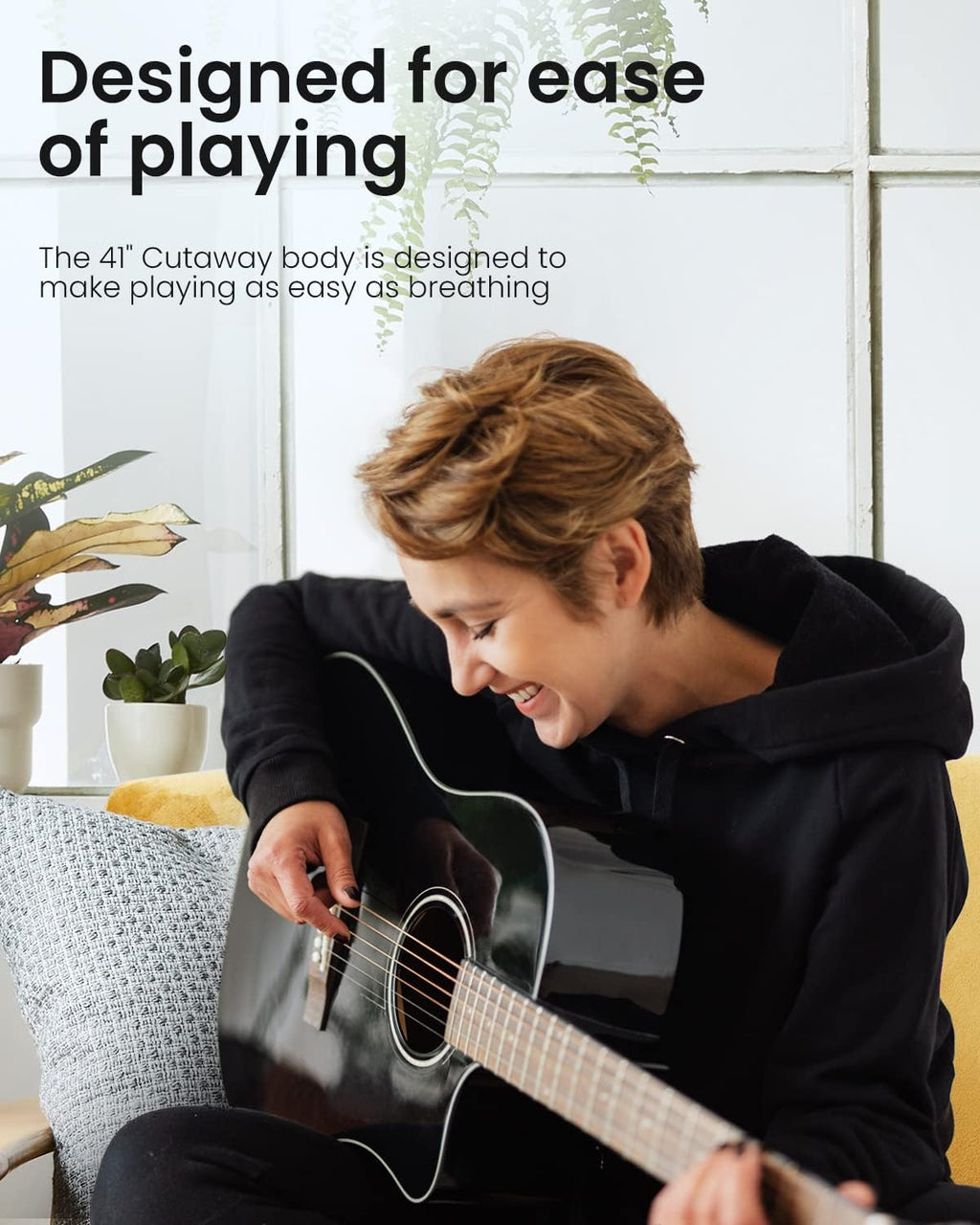 Moukey 41' Acoustic Guitar for Beginners Adult Teen Full Size Guitarra Acustica with Chord Poster, Gig Bag, Tuner,Steel Strings, Capo, Strap - Black