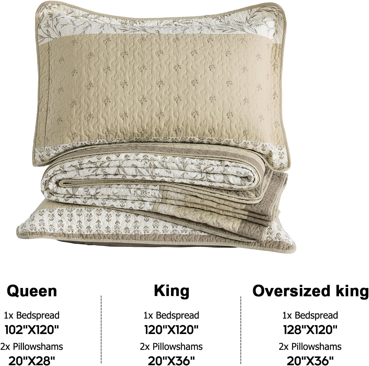 Finlonte 100% Cotton 128'x120' Oversized California King Bedspread, King Size Quilted Bedspread Coverlet Extra Large Quilt, Floral Farmhouse XL Bed Spread Lightweight Comforter, Beige/Taupe/Cream