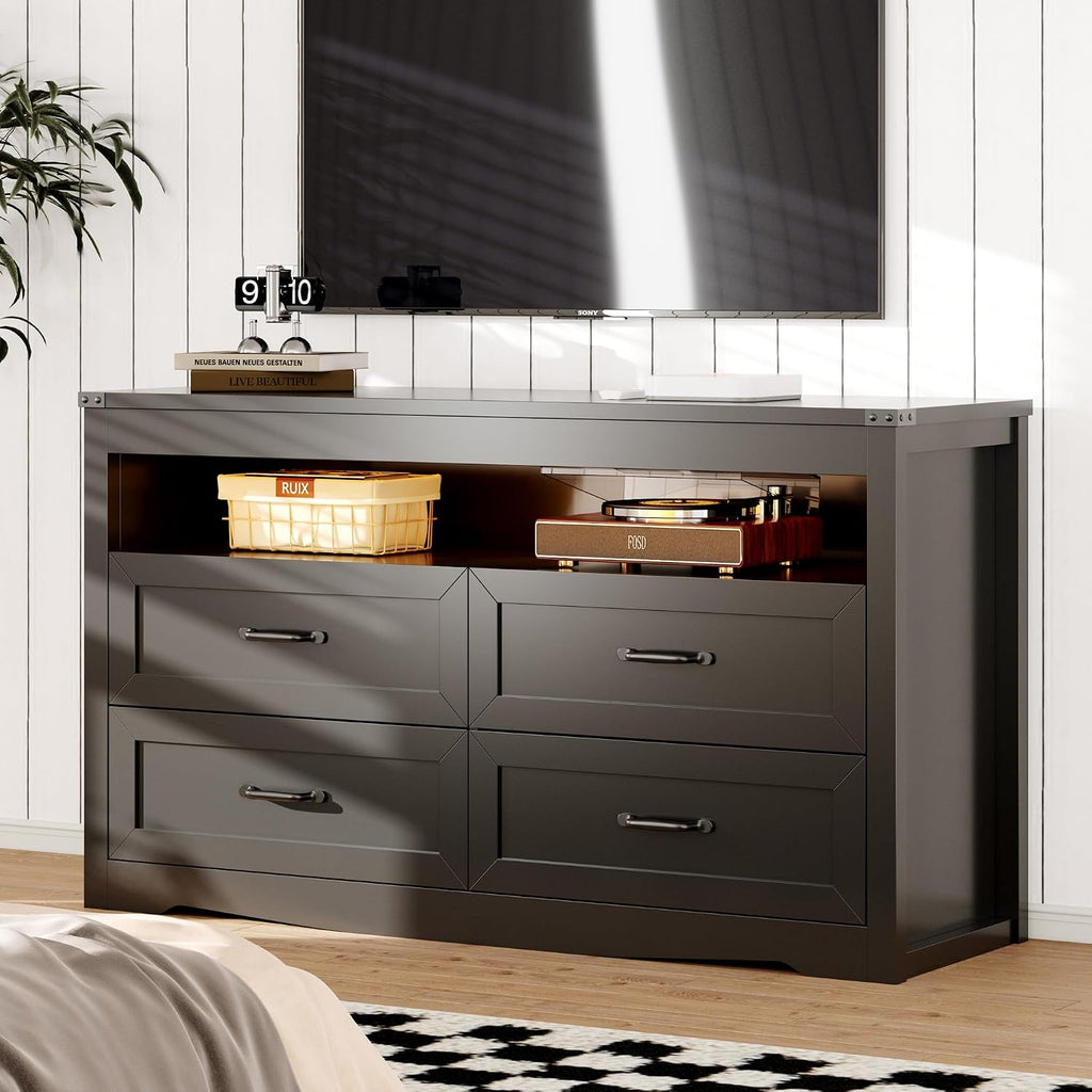Dresser for Bedroom with 4 Drawers, Farmhouse Chest of Drawers with Natural Texture and LED Lights, Wide Wood Rustic Closet Storage Organizer, Modern Dresser TV Stand for Living Room, Entryway, Black