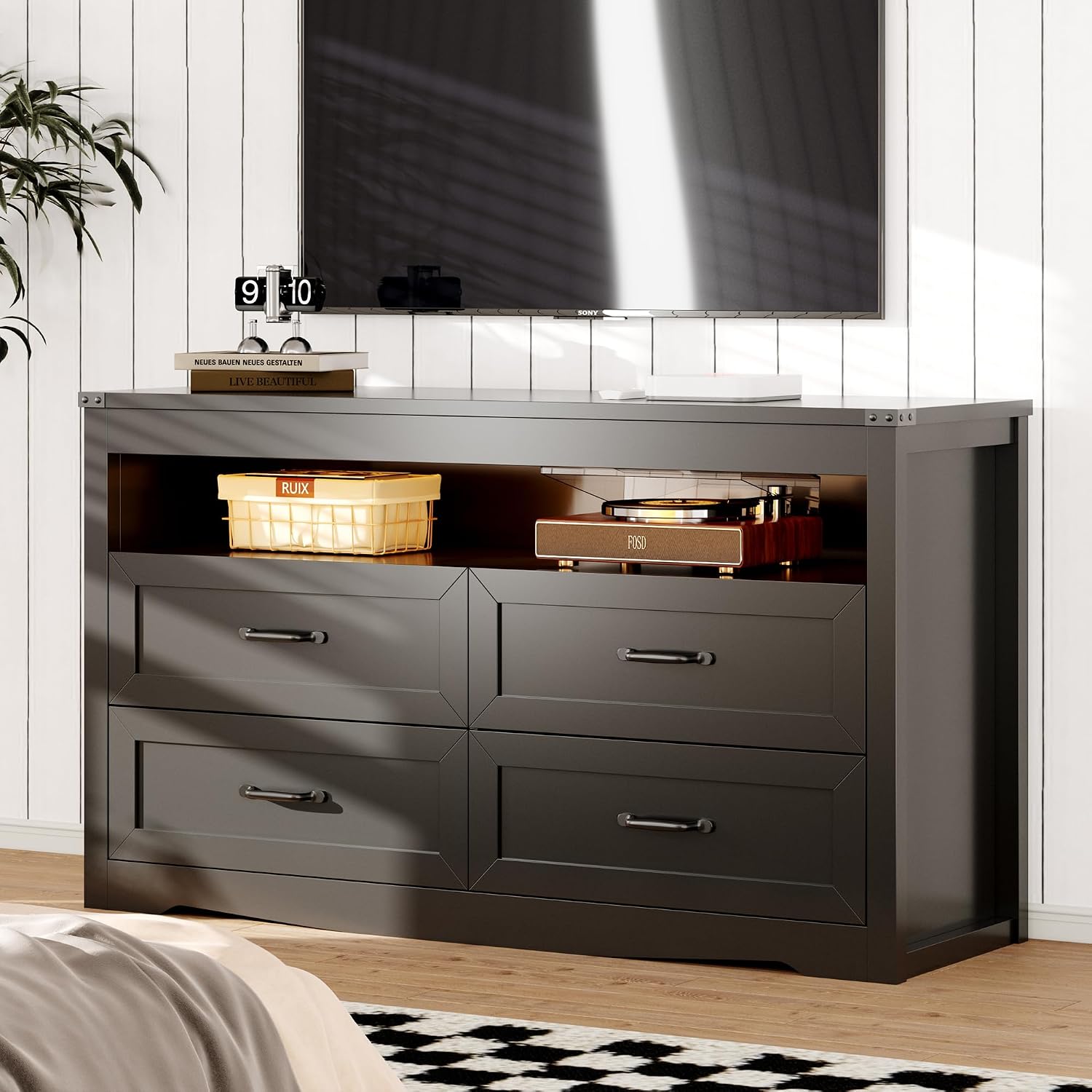 Dresser for Bedroom with 4 Drawers, Farmhouse Chest of Drawers with Natural Texture and LED Lights, Wide Wood Rustic Closet Storage Organizer, Modern Dresser TV Stand for Living Room, Entryway, Black