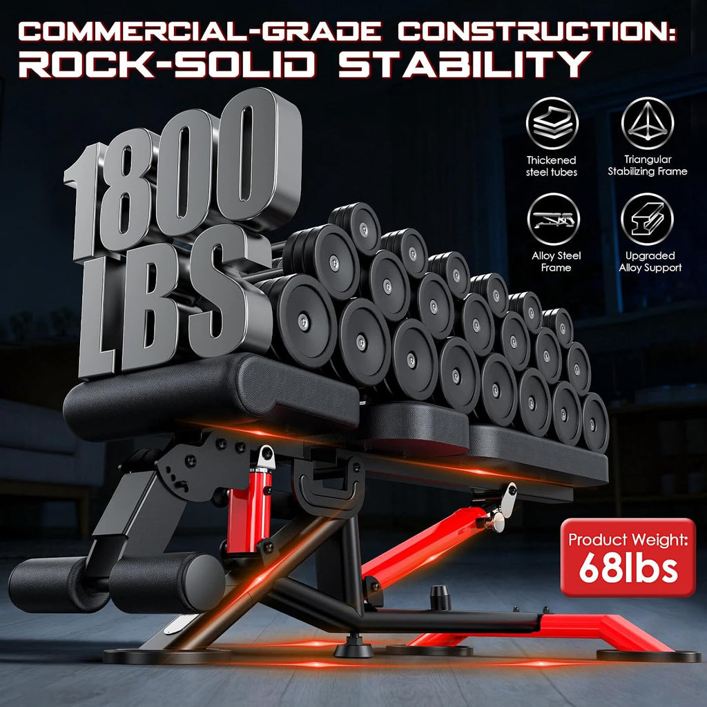 Commercial Adjustable Weight Bench, 1800LBS Heavy Duty Workout Bench for Home Gym Strength Training, Removable Leg Holder for Flat/Incline/Decline Sit Up & Full Body Workout
