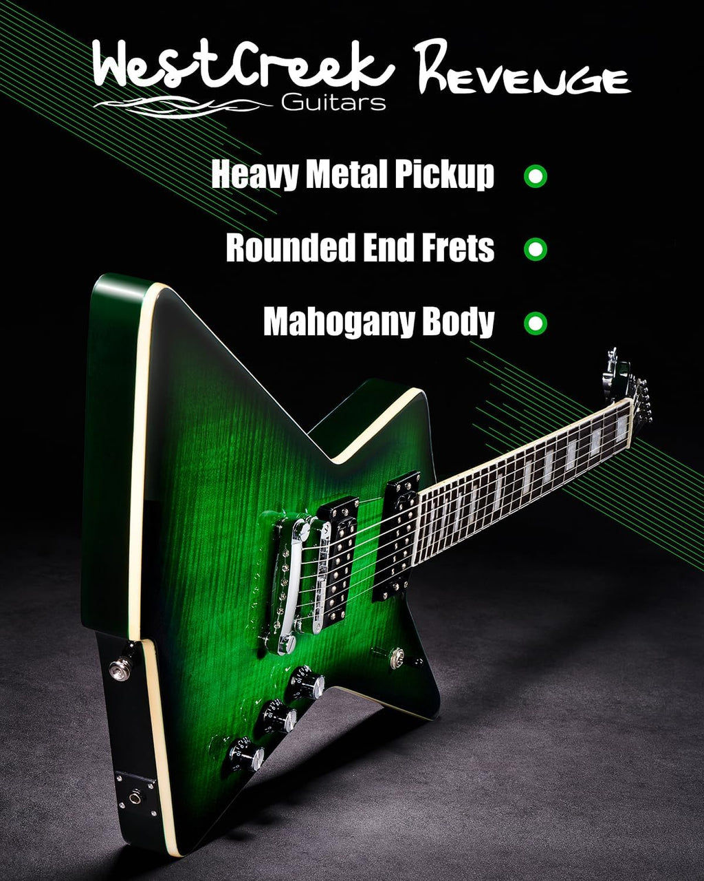 WestCreek Revenge Right Handed Electric Guitar, Heavy Metal Humbucker Pickups, Mahogany Body, Rosewood Fretboard (Green Lizard)