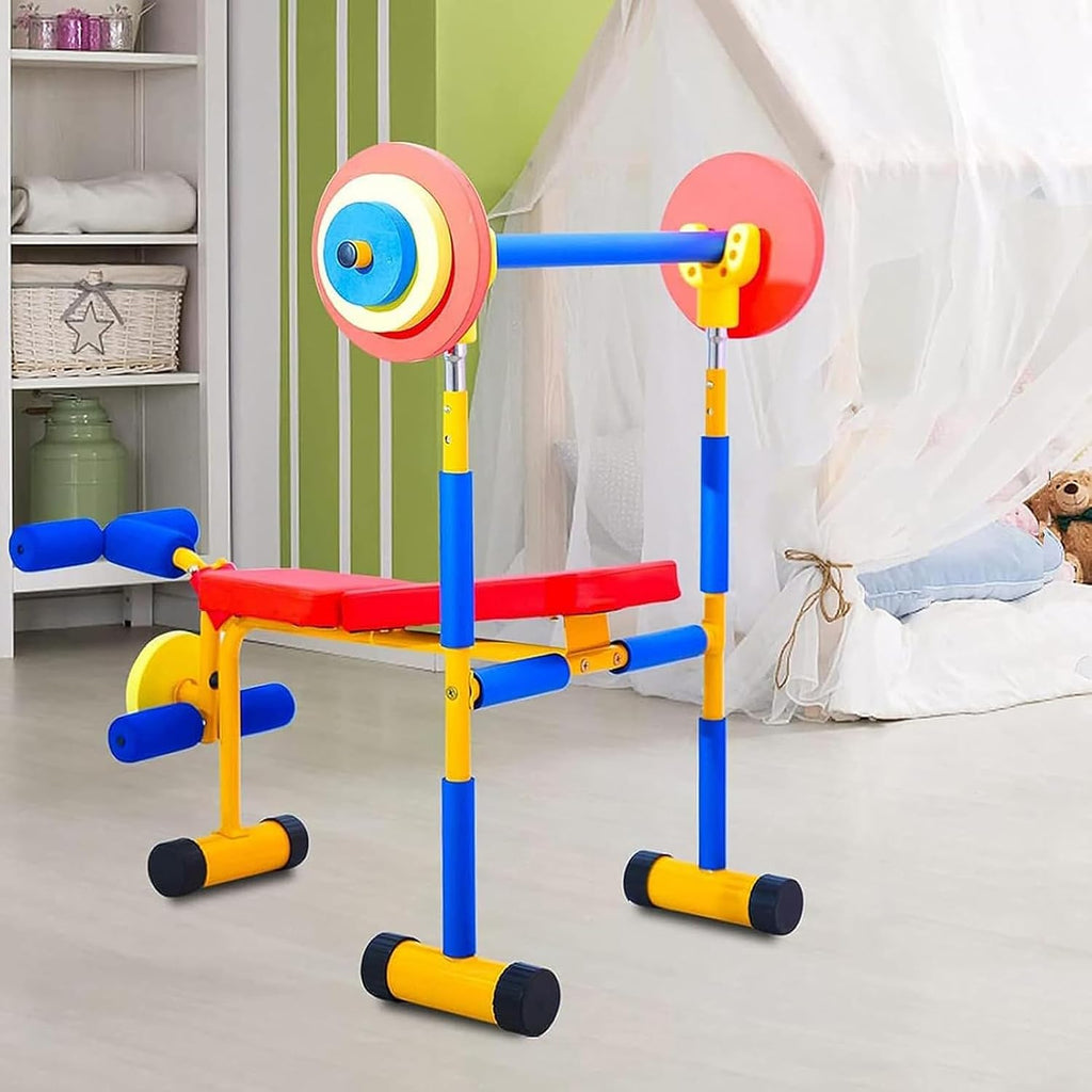 Kids Fitness Exercise Equipment, Adjustable Barbell Toy Set, Bench And Leg Press Weight Bench for Beginner Exercise, Boys and Girls Exercises Ages 3-12 Year Old