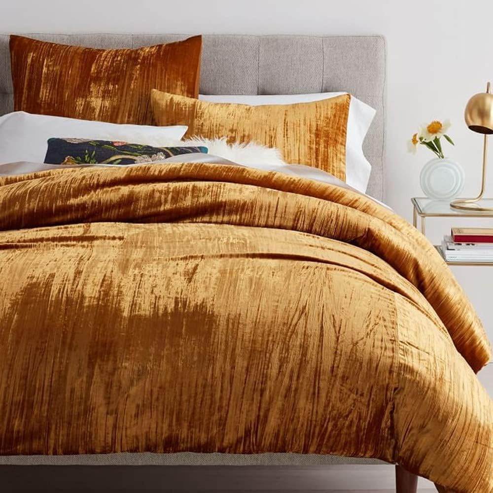 The Harry Creations 3 Pcs Set Solid Pattern Velvet Bedding Ultra Donna Crushed Luxury Boho Duvet Cover (Crush- Gold, King 90 Inch x 104 Inch )