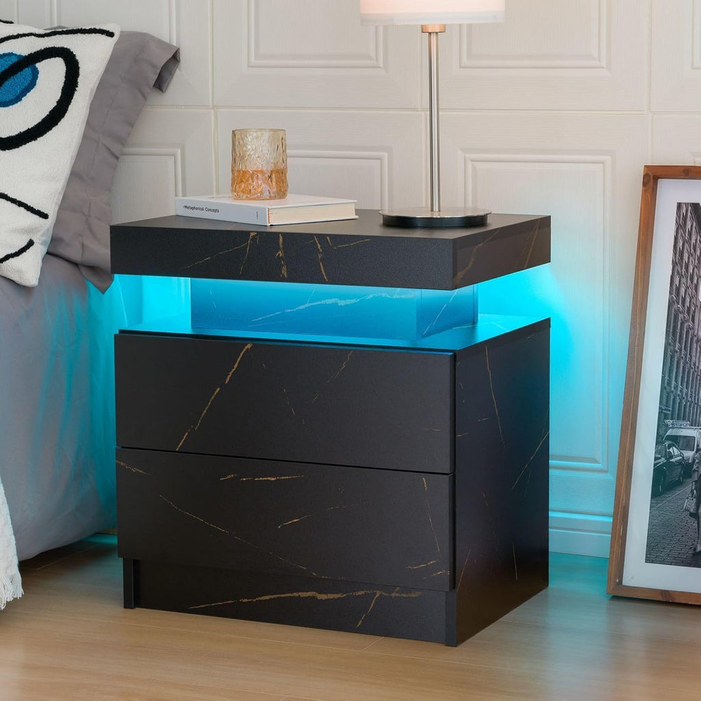 Bingoday LED Nightstand Set of 2,Modern Night Stand with 2 Drawers,Bedside Table for Bedroom Set of 2,End Side Table