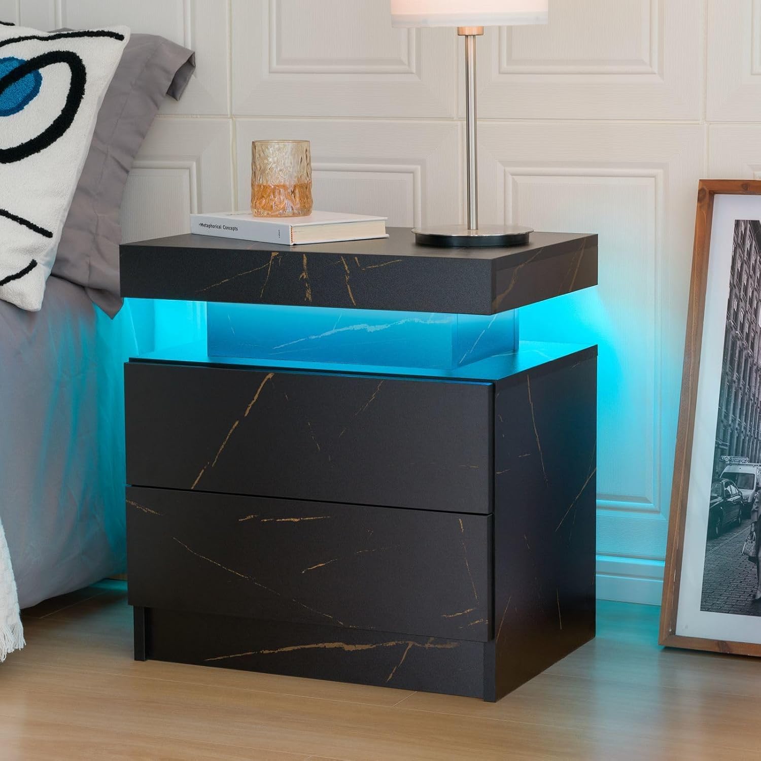 Bingoday LED Nightstand Set of 2,Modern Night Stand with 2 Drawers,Bedside Table for Bedroom Set of 2,End Side Table