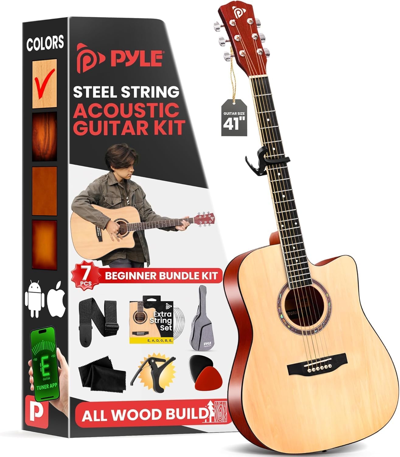 Pyle Beginner Acoustic Guitar Kit, 4/4 Full Size All Wood Instrument for Kids, Adults, 41' Natural, Premium Kit