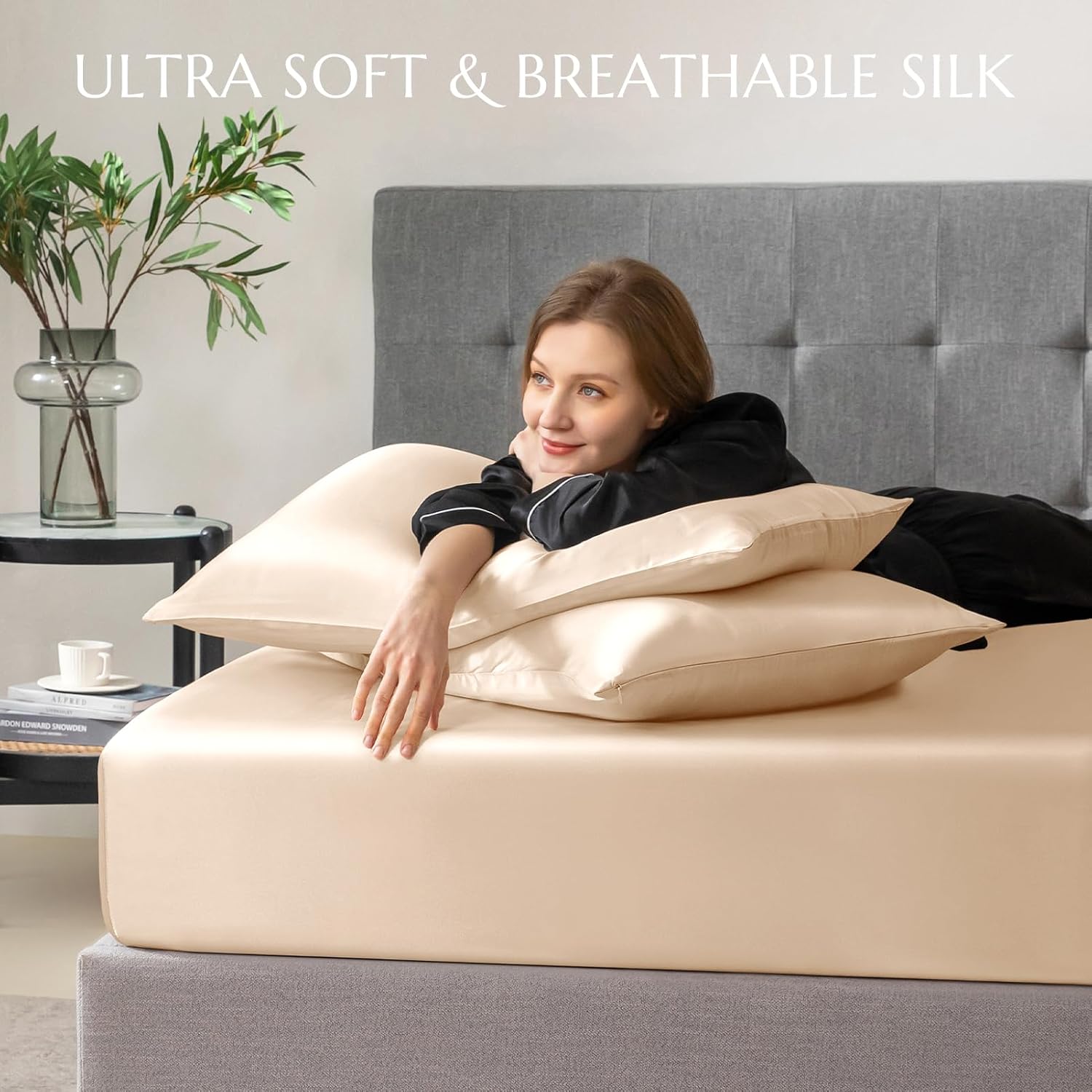THXSILK 100% Mulberry Silk Fitted Sheet Set, 7A+ Silk 3 Pieces Bed Sheets, Breathable, Smooth, 16 Inch Deep Pocket Fitted Sheet, 2 Pillowcases - Champagne, Queen