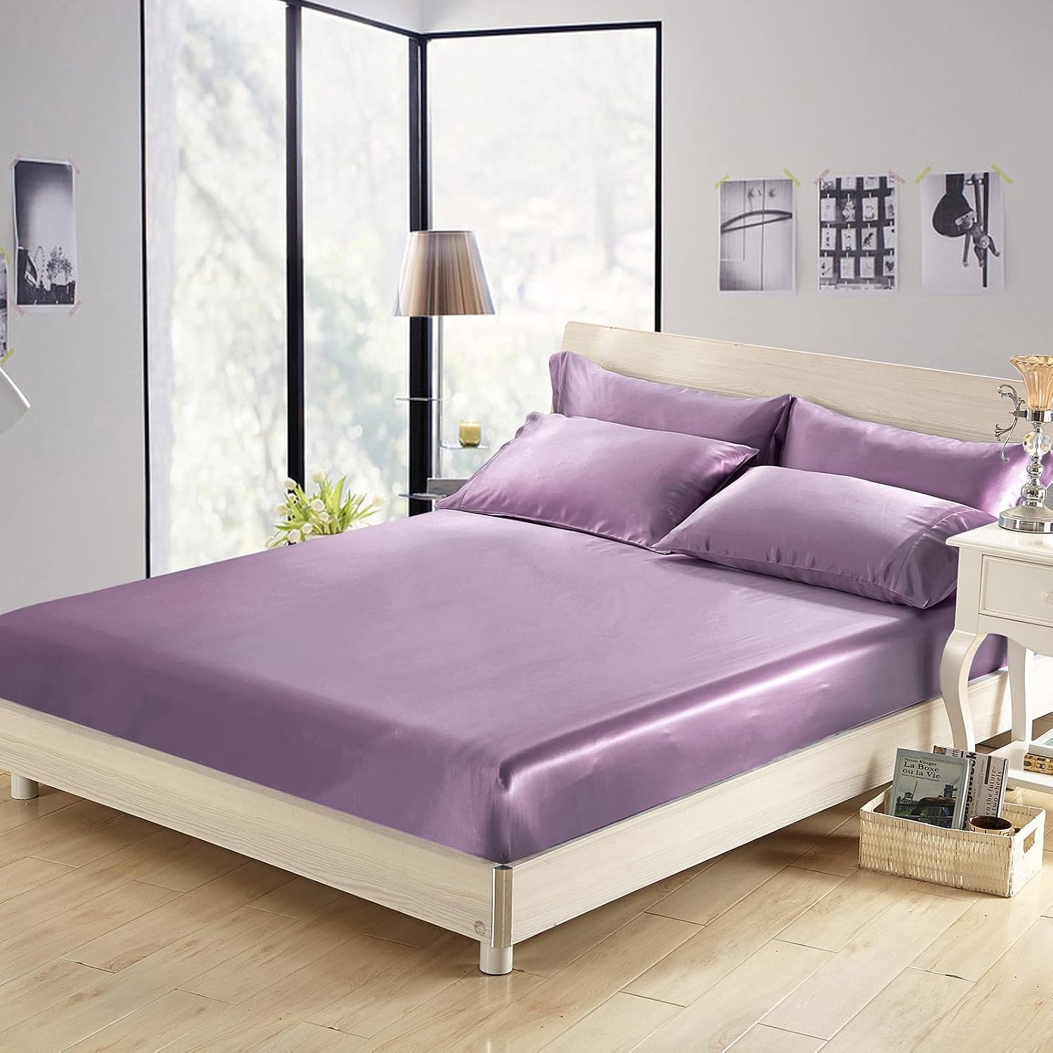 LilySilk 3PC Mulberry Silk Fitted Sheets Set, 6A Grade, 19 Momme, 2 Pillowcases & 1 Deep Pocket Sheet (16 Inch), King Size, Lavender